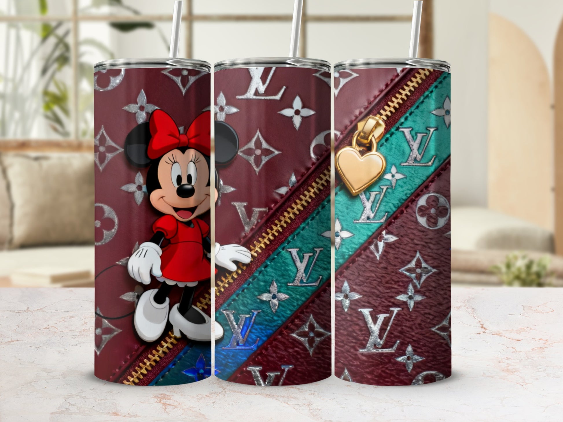 Minnie Mouse with LV monogram and gold heart zipper detail.