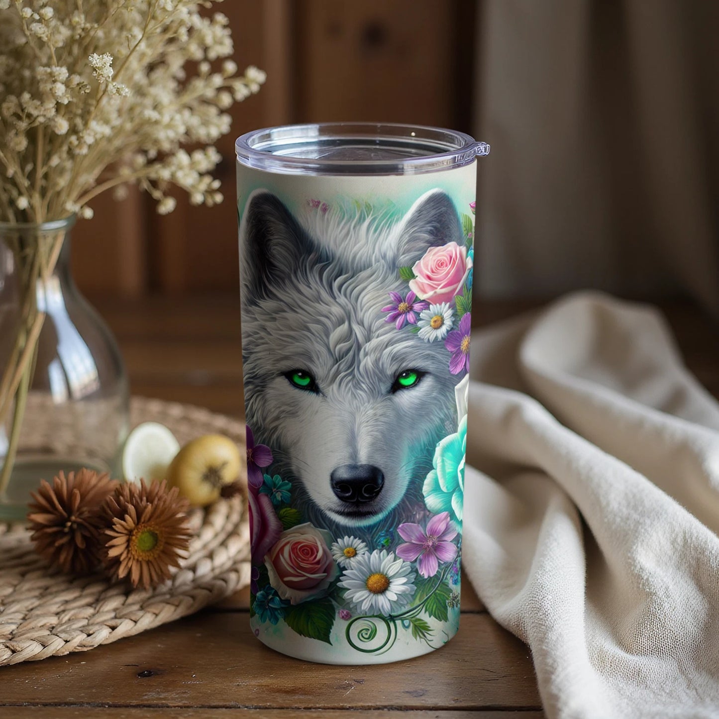 Green-Eyed Wolf with Floral Design Insulated Tumbler