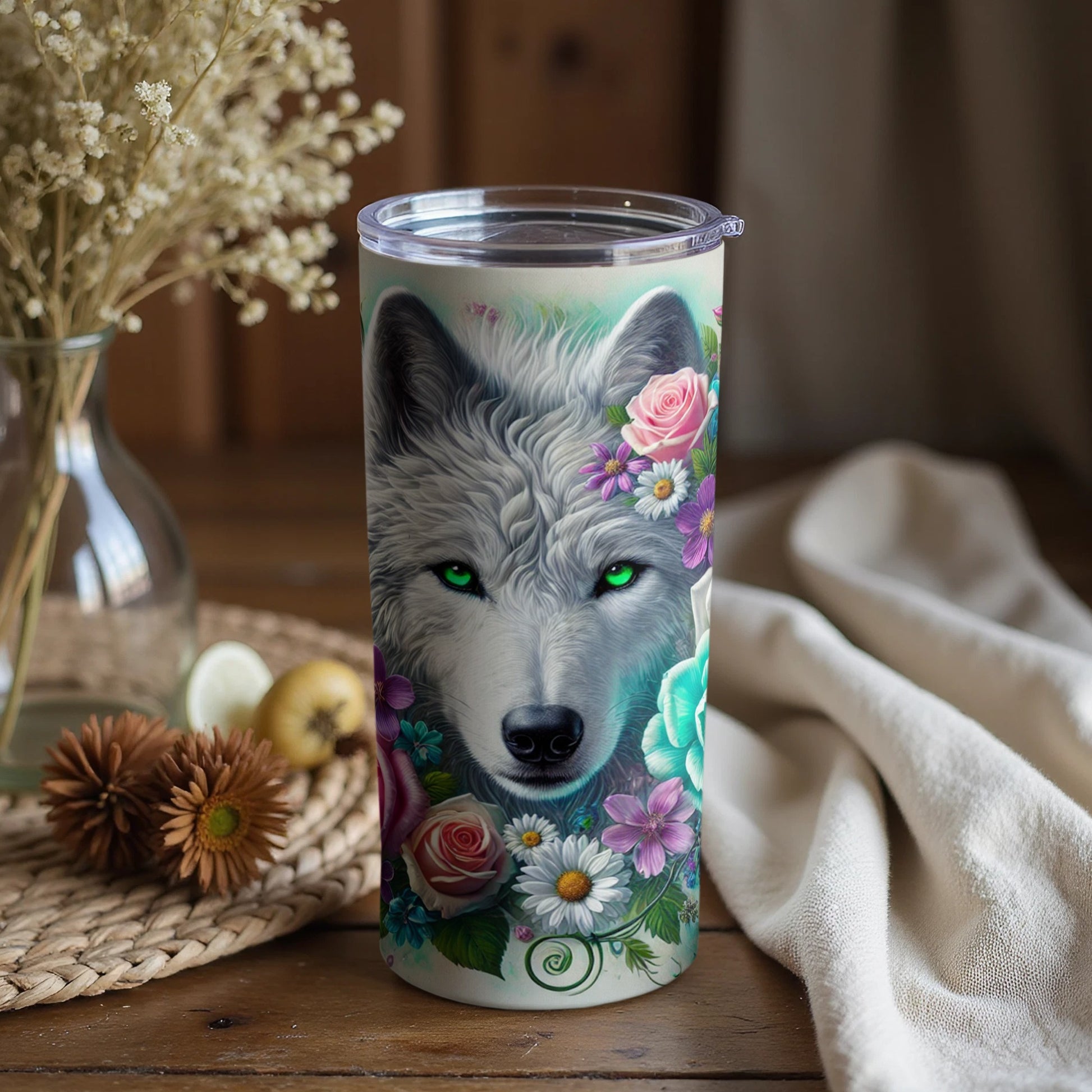 Green-Eyed Wolf with Floral Design Insulated Tumbler