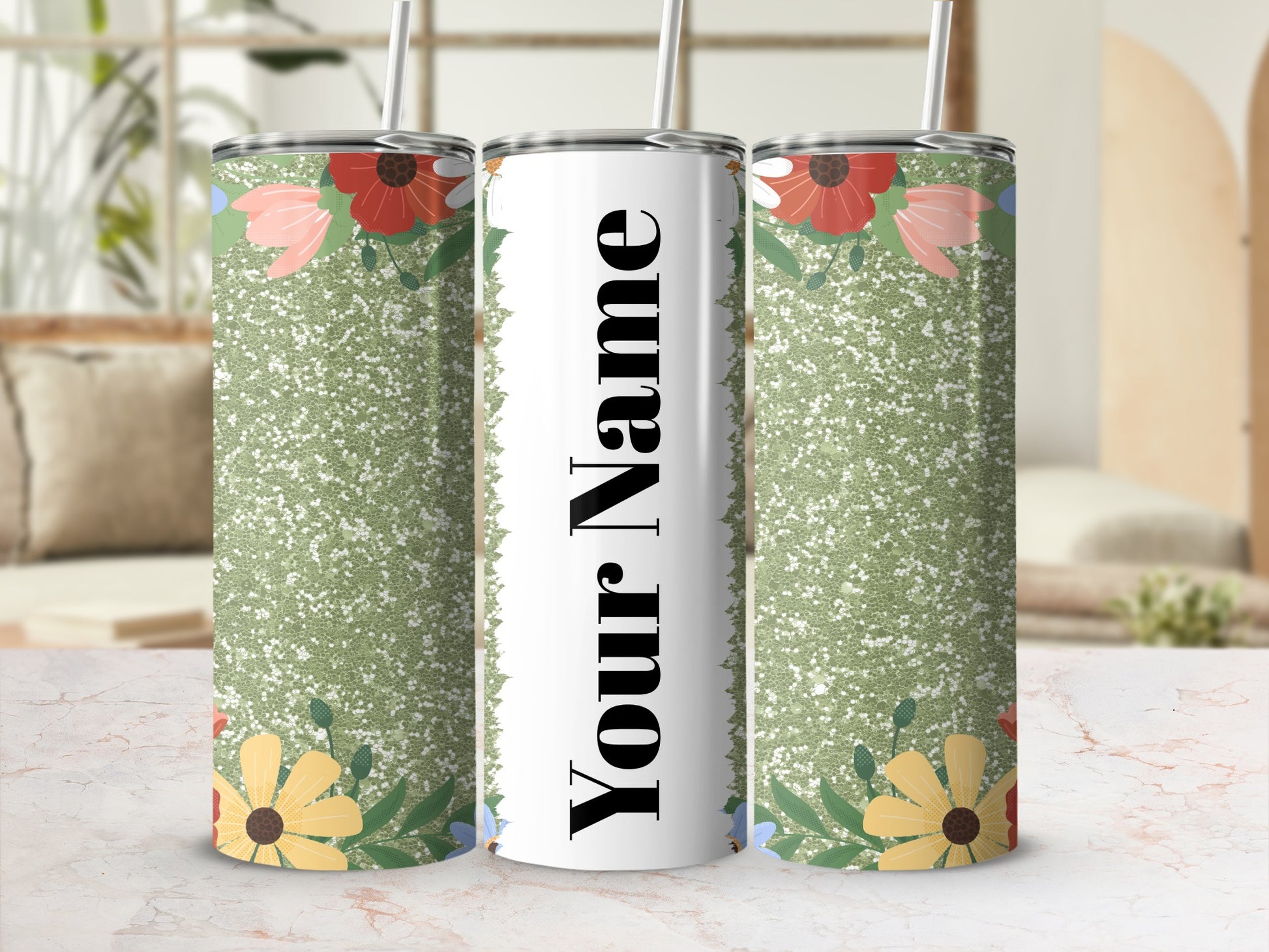Personalized Floral and Glitter Design Tumbler