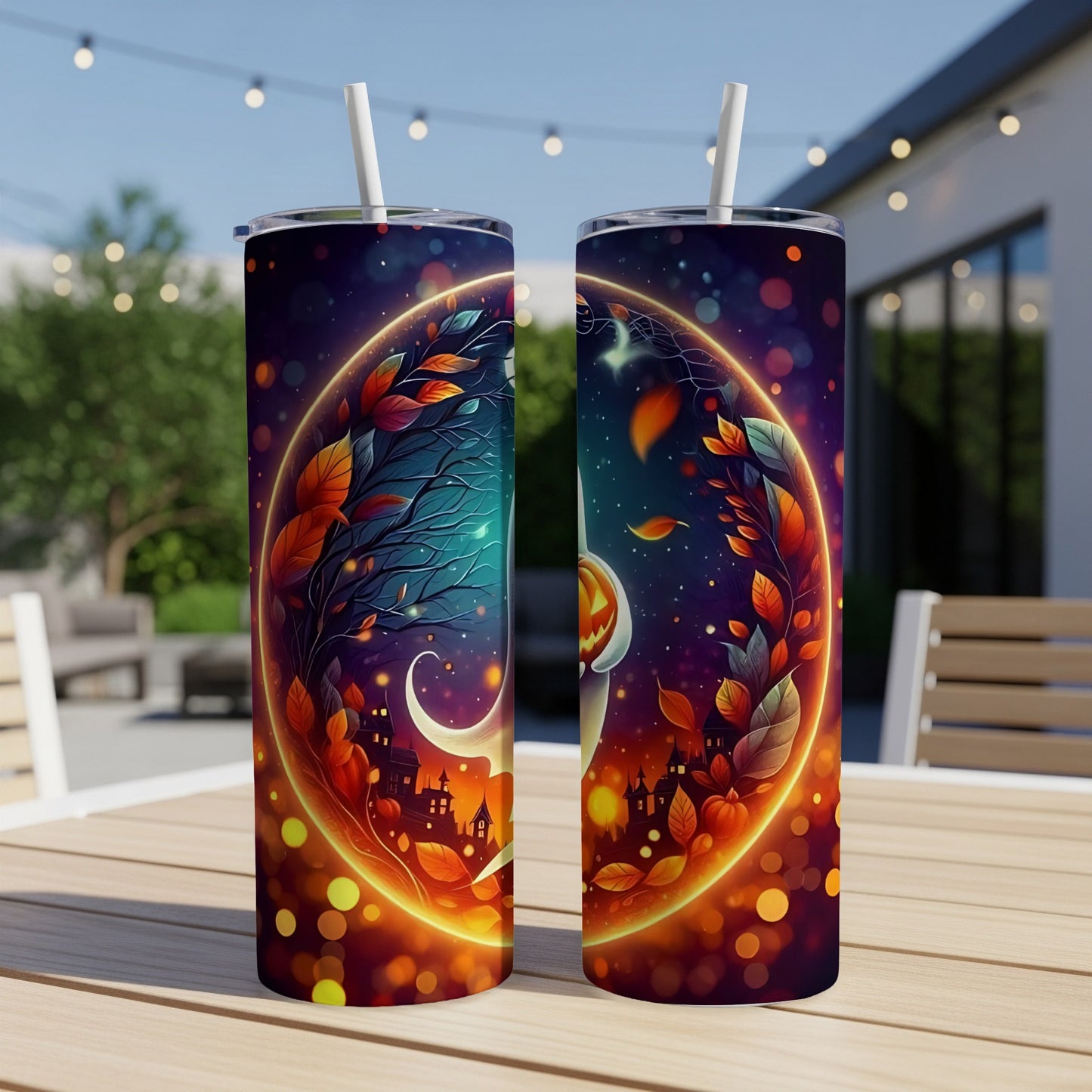 Two tumblers with a Halloween scene featuring a crescent moon, spooky trees, and a pumpkin.