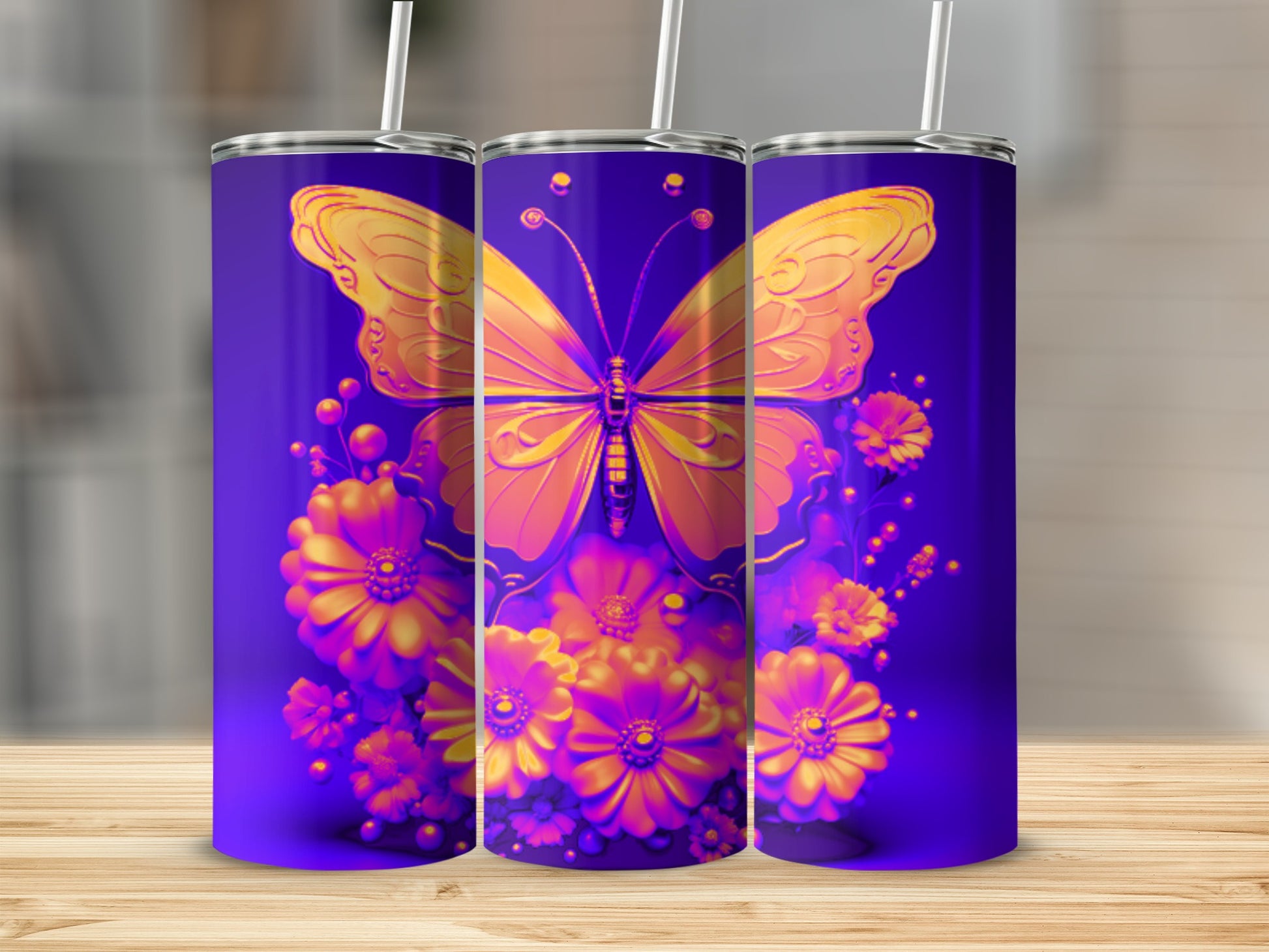 Three tumblers featuring a vibrant yellow butterfly and floral design on a purple background.