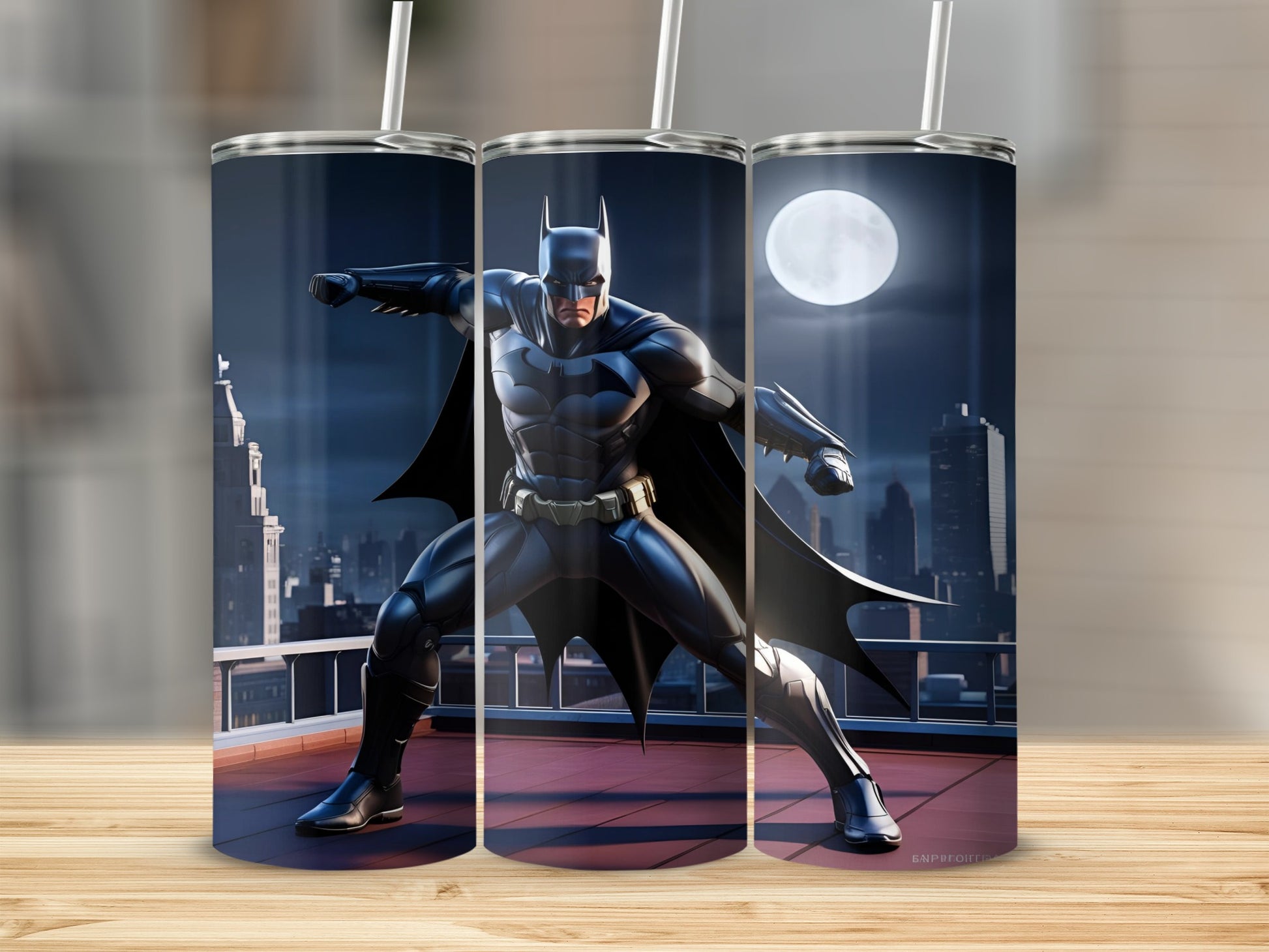 Batman striking a heroic pose on a city rooftop under a full moon.