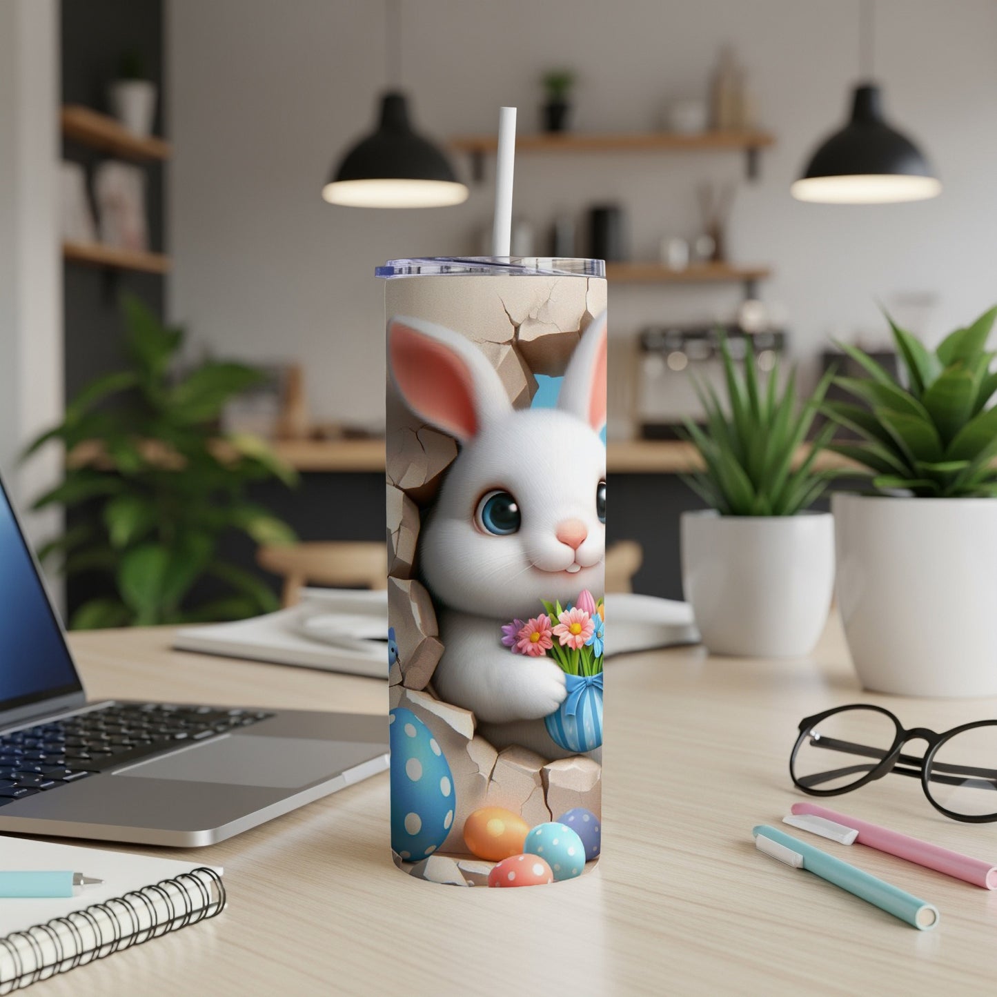 Cute bunny peeking through cracked wall holding flowers and Easter eggs.