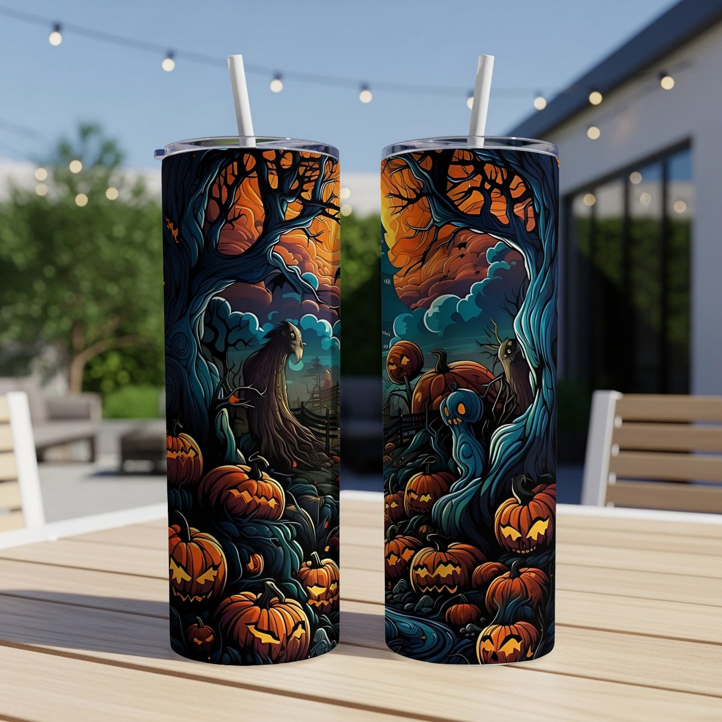 Two Halloween-themed tumblers with jack-o'-lanterns and spooky trees.