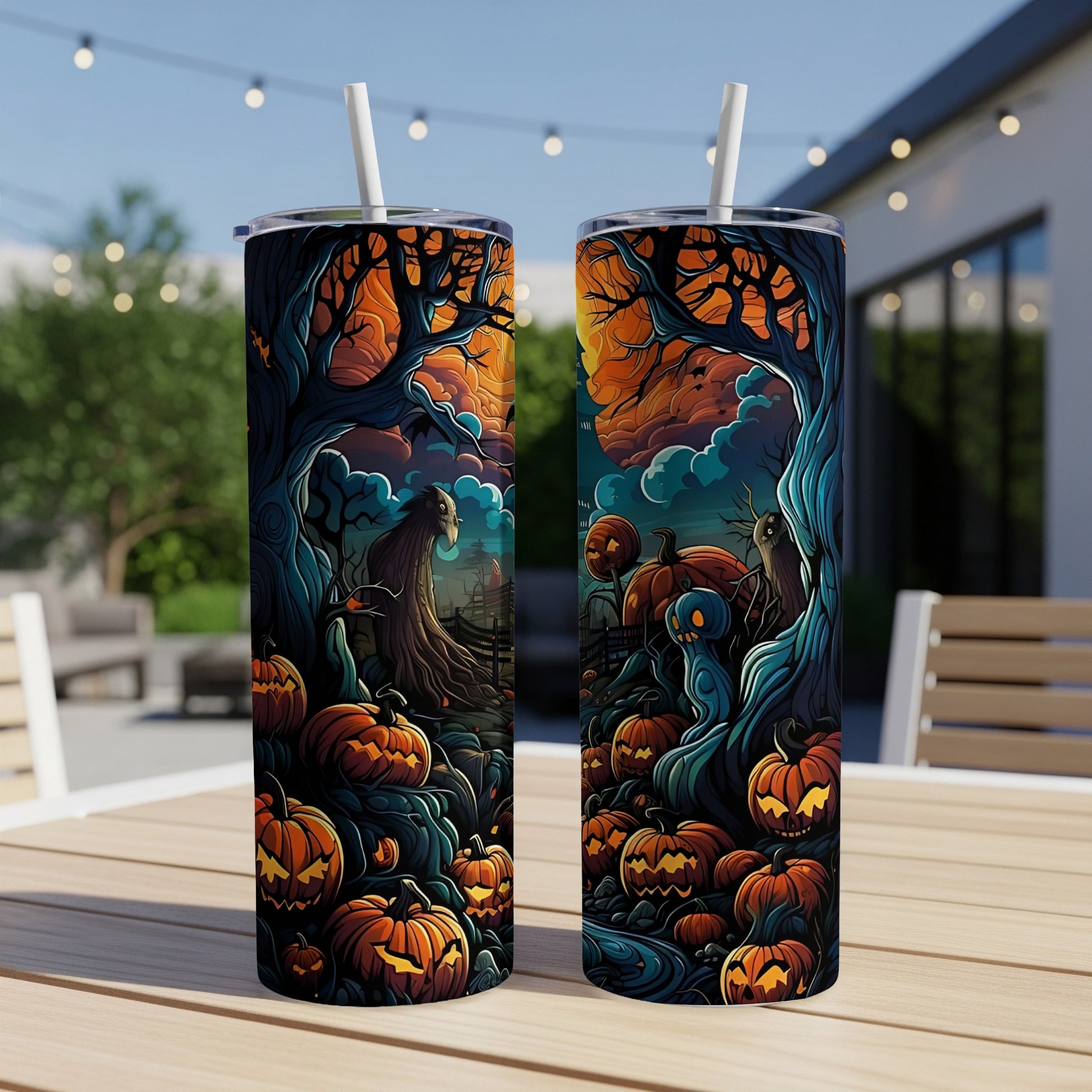Two Halloween-themed tumblers with jack-o'-lanterns and spooky trees.