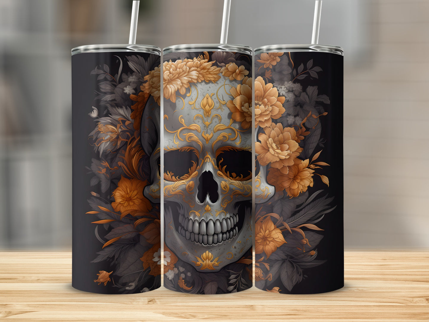 Orange Floral Skull Design Tumbler Cup for All Occasions