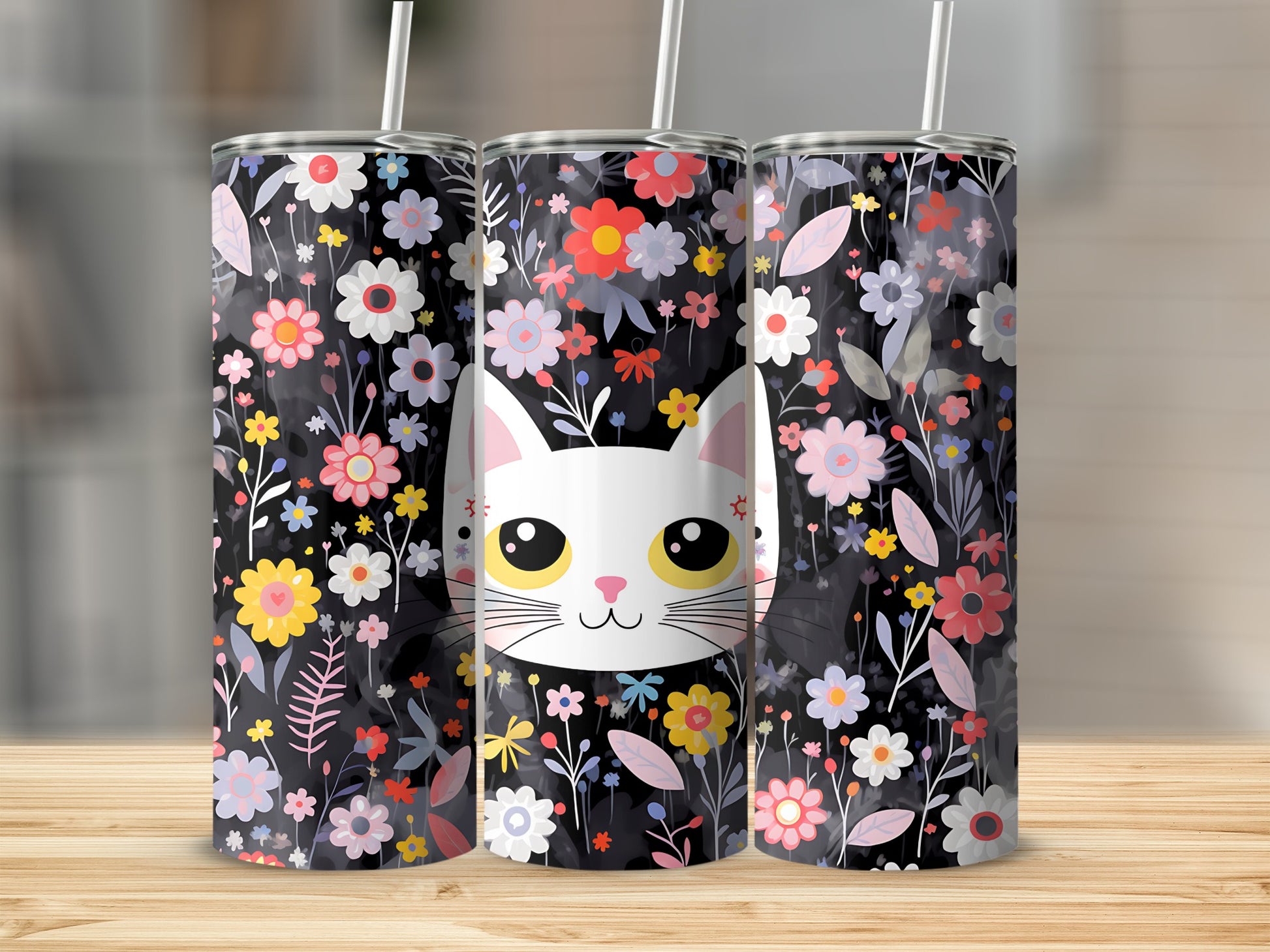 Black tumbler with a floral pattern and a cartoon cat face.