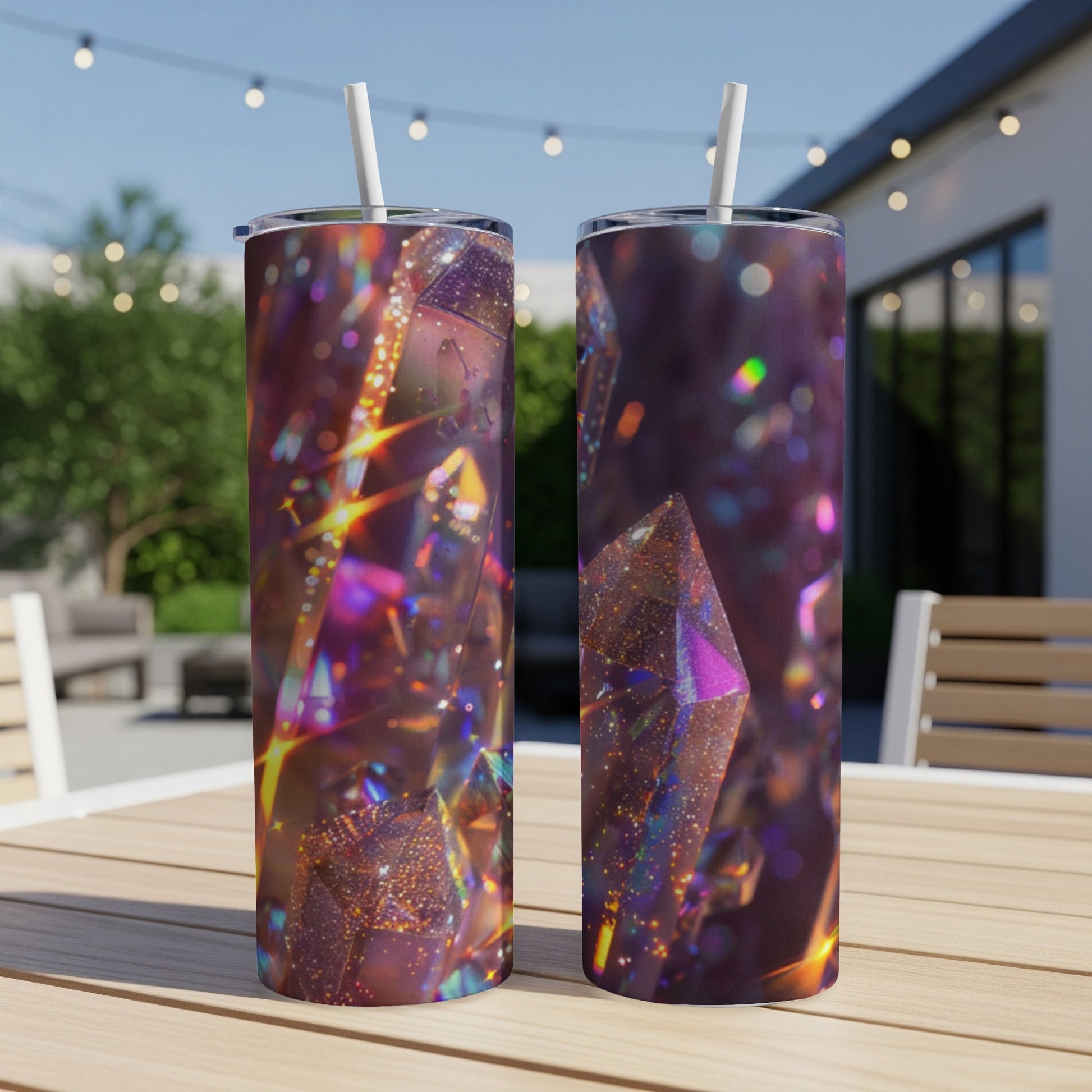 Two tall tumblers with a sparkling crystal and bokeh background.