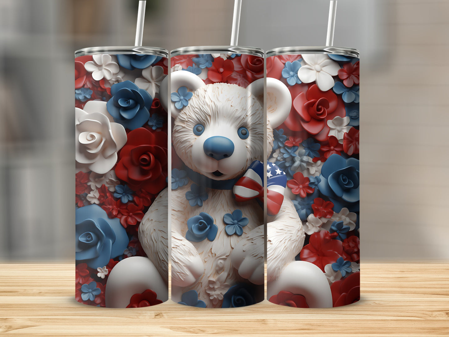 Teddy bear with floral background and American flag accent.