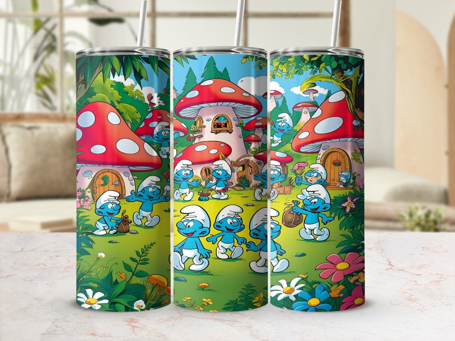 Smurfs gathering outside mushroom houses in a colorful forest scene.