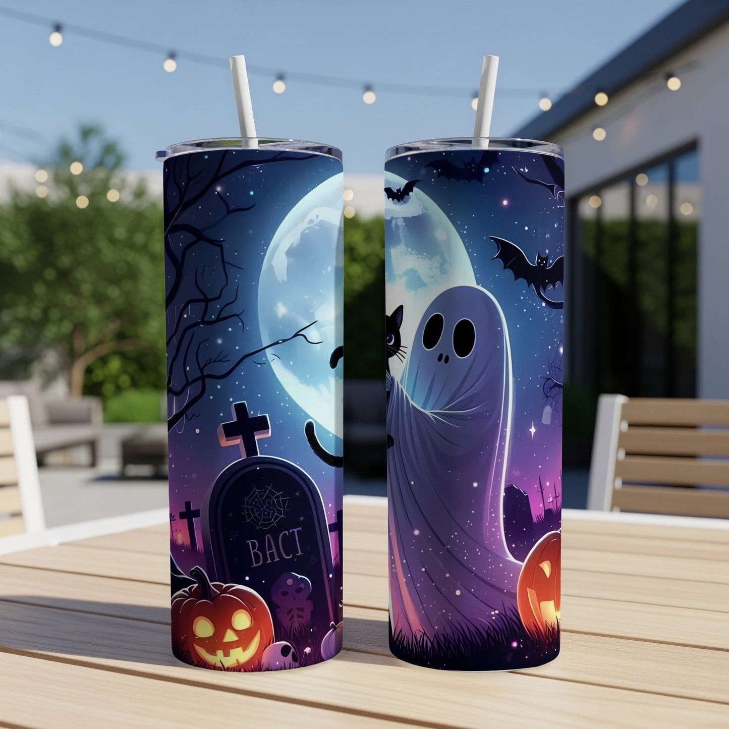 Halloween tumblers with ghost, bats, pumpkins, and tombstone graphics on starry night background.