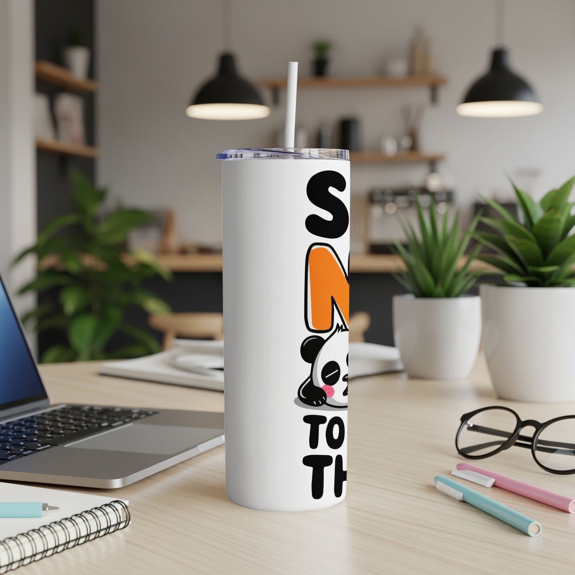 White tumbler with "SNUGGLE TOGETHER" text and a panda illustration.