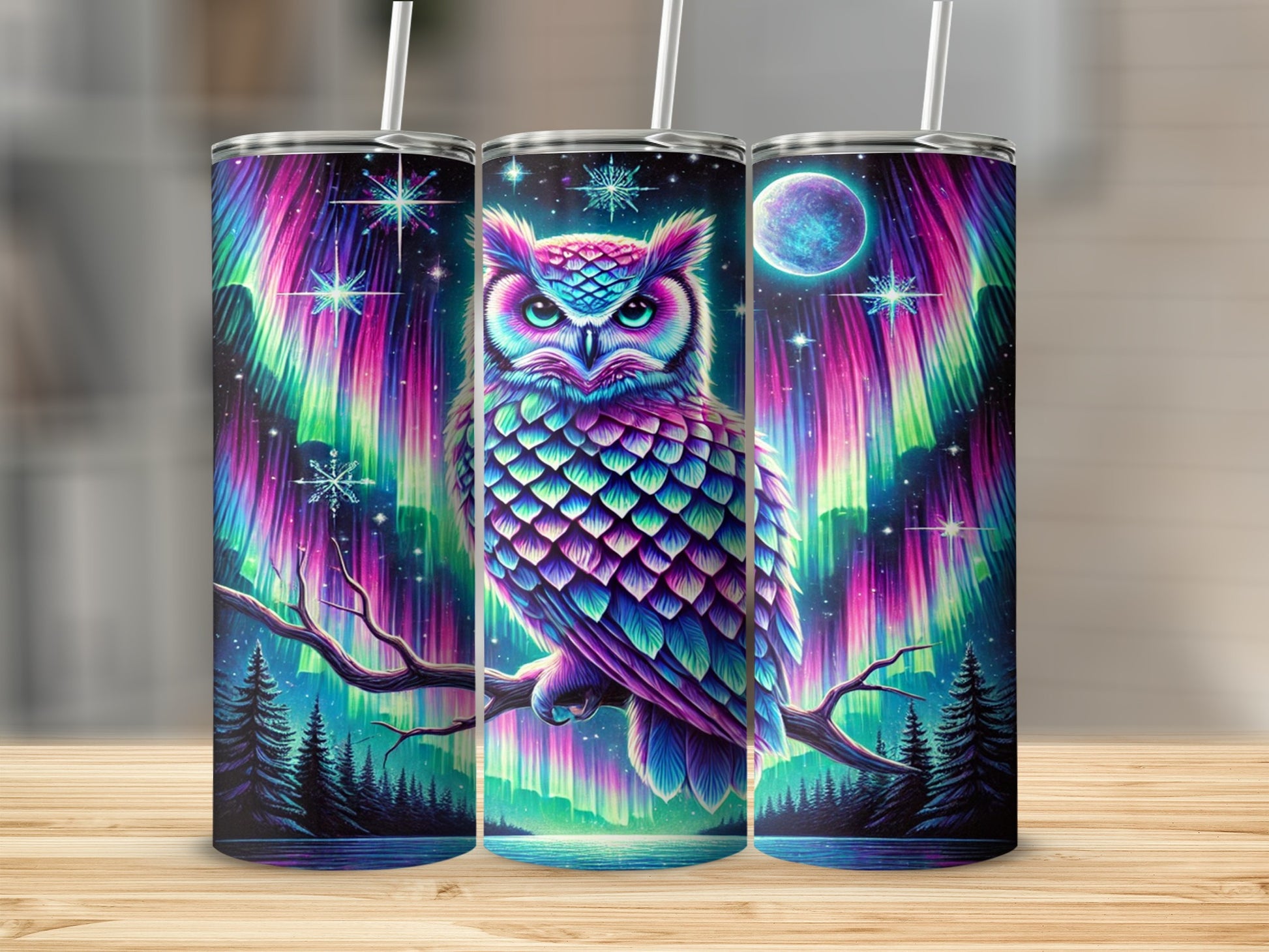 Vibrant Northern Lights Owl Design Tumbler Cup