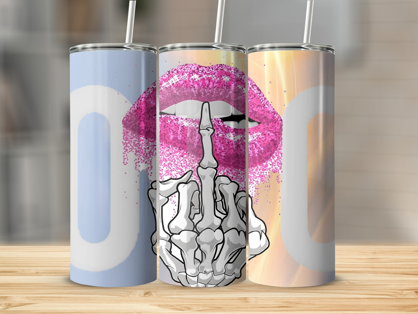Pink Glitter Lips and Skeleton Hand Tumbler Design