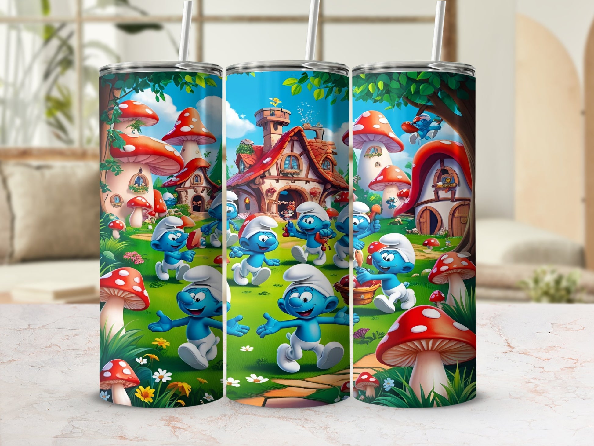 Smurfs playing in a whimsical mushroom village with winding paths and vibrant colors.