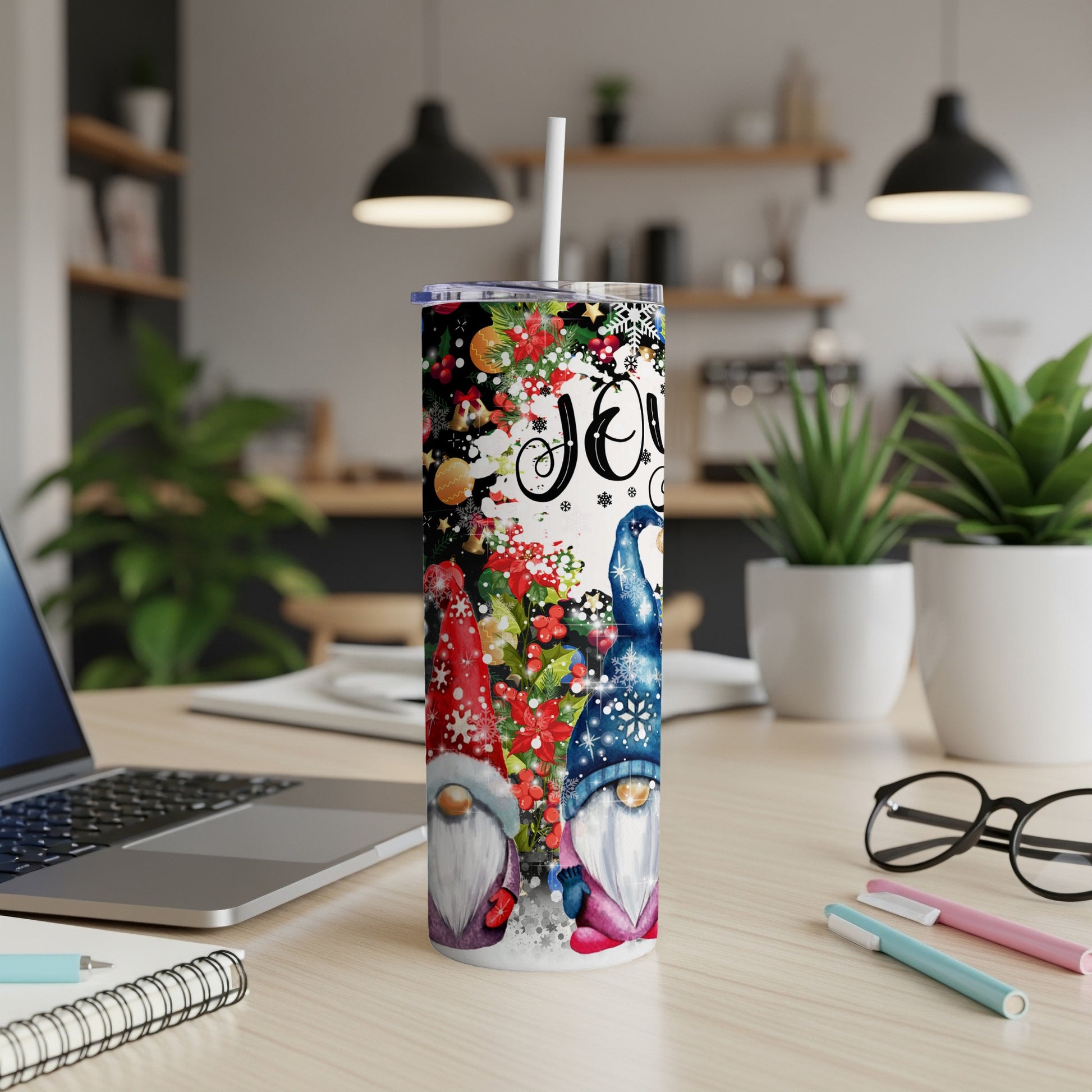 Christmas gnome tumbler with "Joy" text and festive watercolor holiday design.