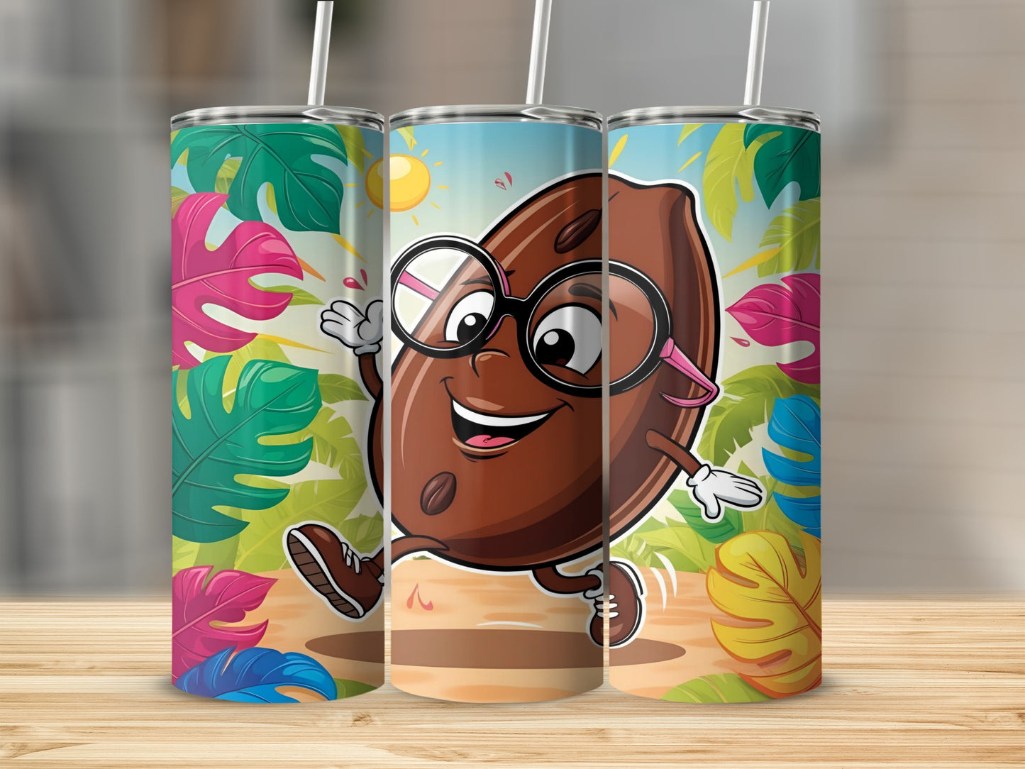 Cartoon cocoa bean character with glasses and pink frames runs happily.