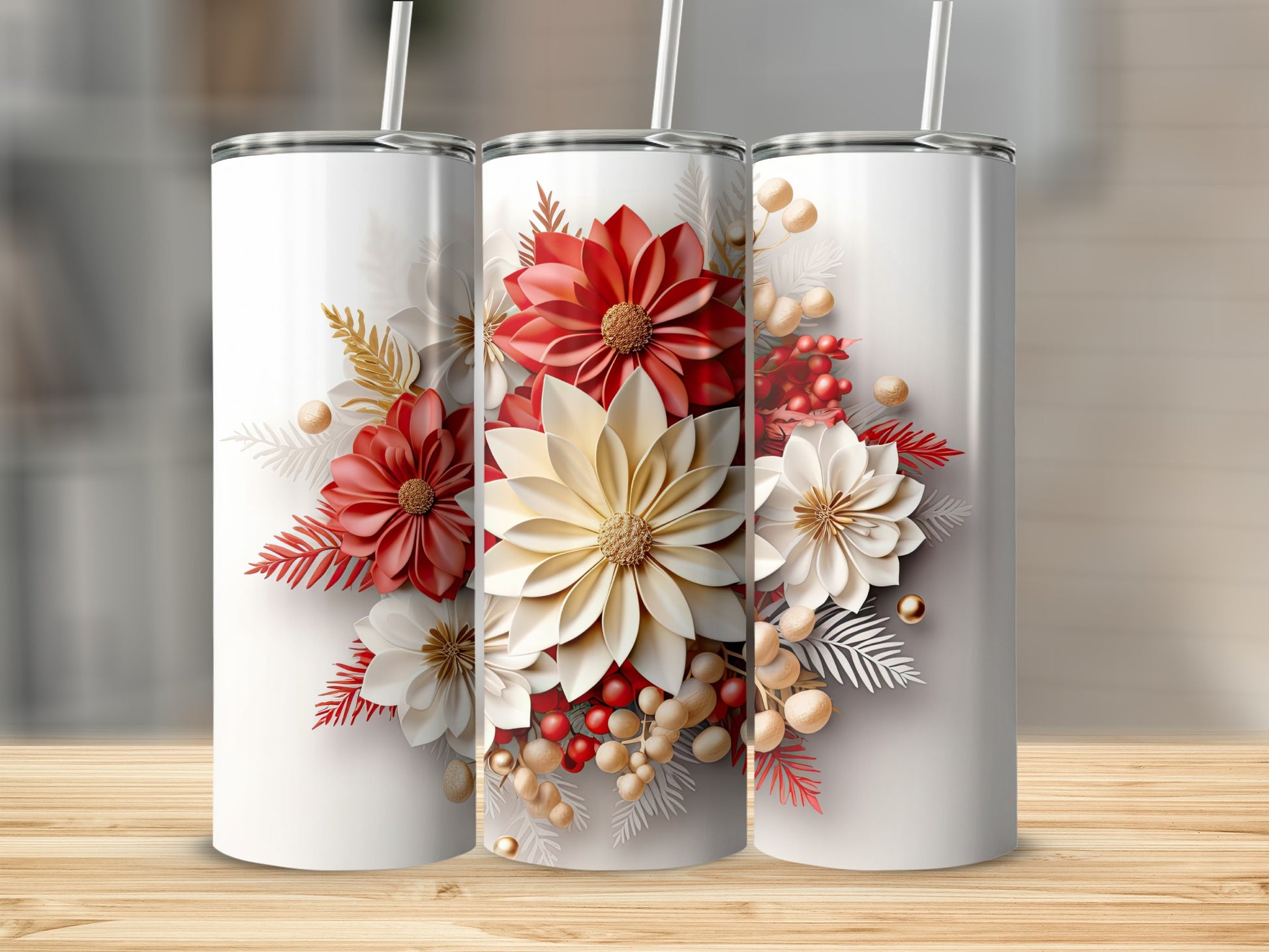 Three white tumblers with red and cream floral and berry designs.