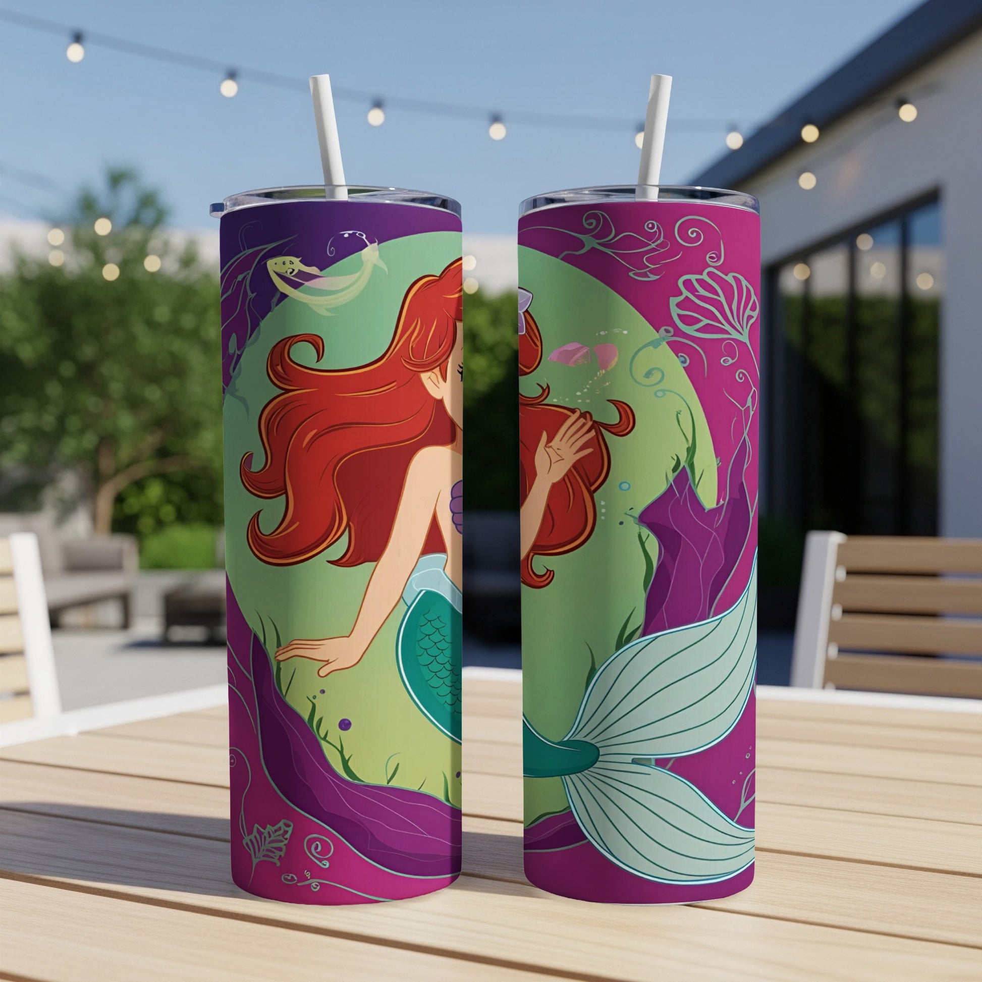 Two tumblers featuring Ariel the mermaid with a green fin and purple sea plants.