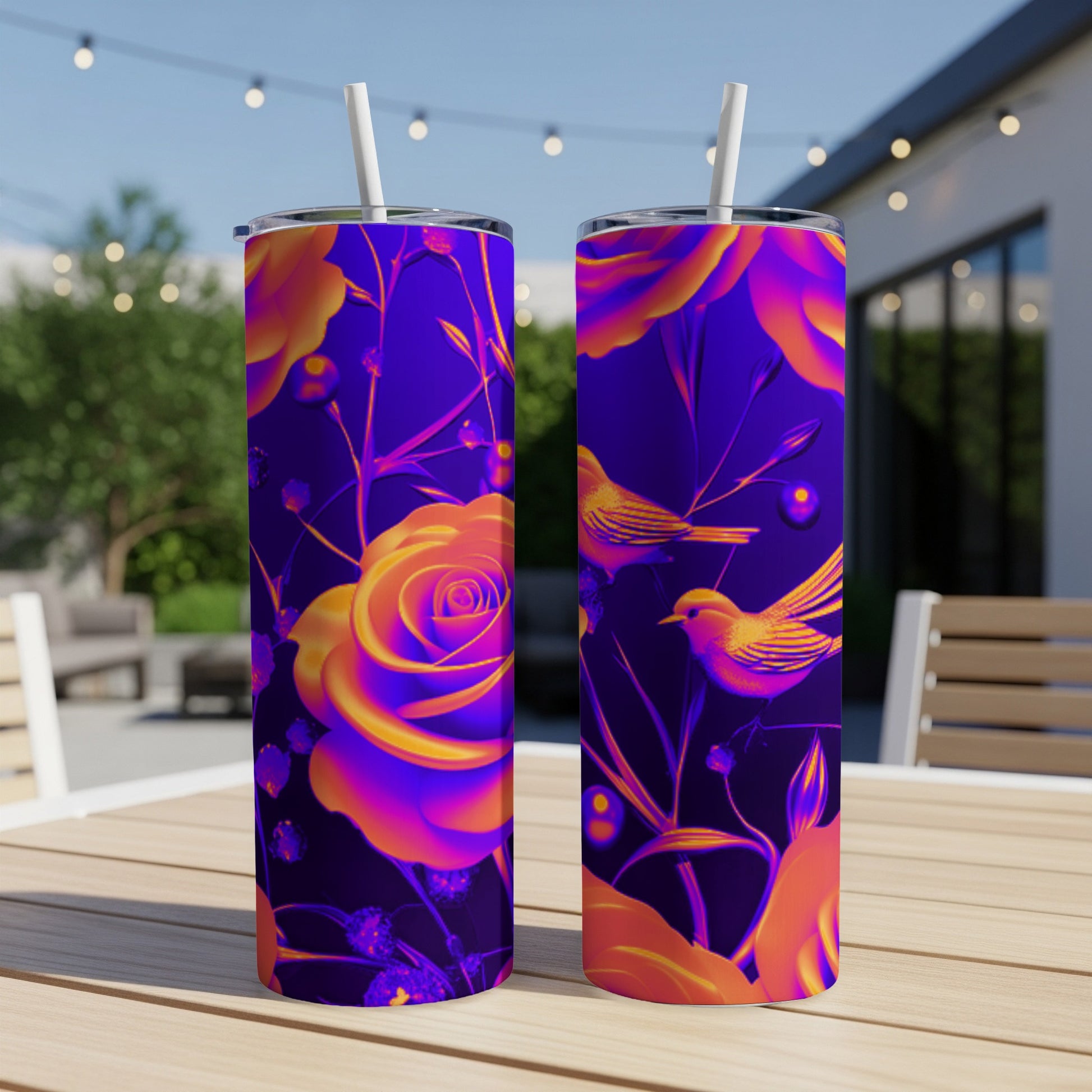 Two tumblers with a floral and bird design sit on a table outdoors.