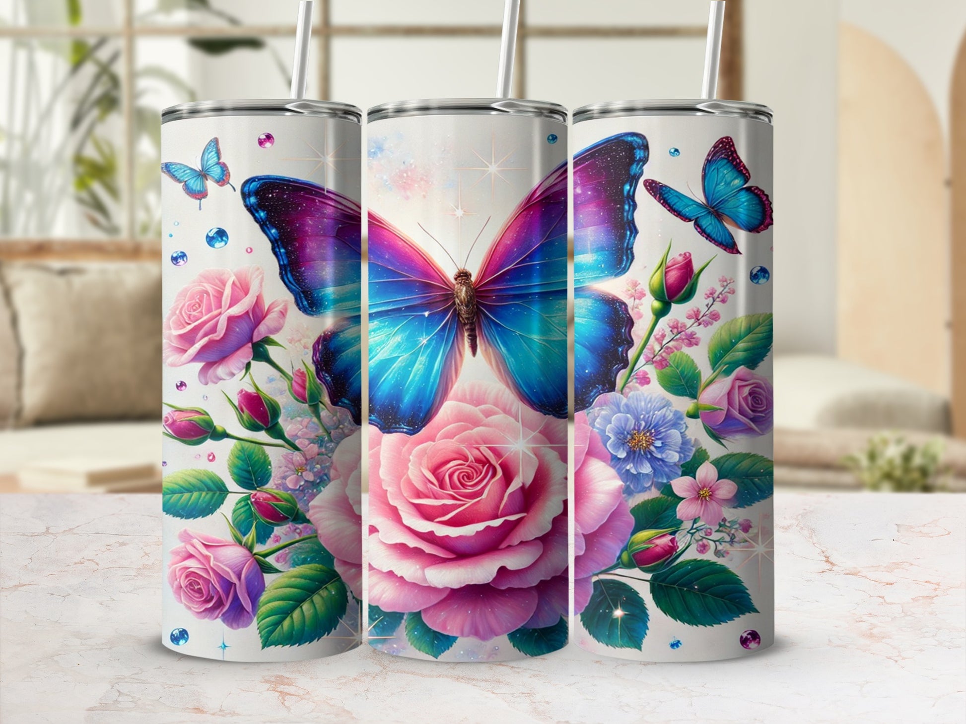 Colorful Butterfly and Floral Design Tumbler Cup