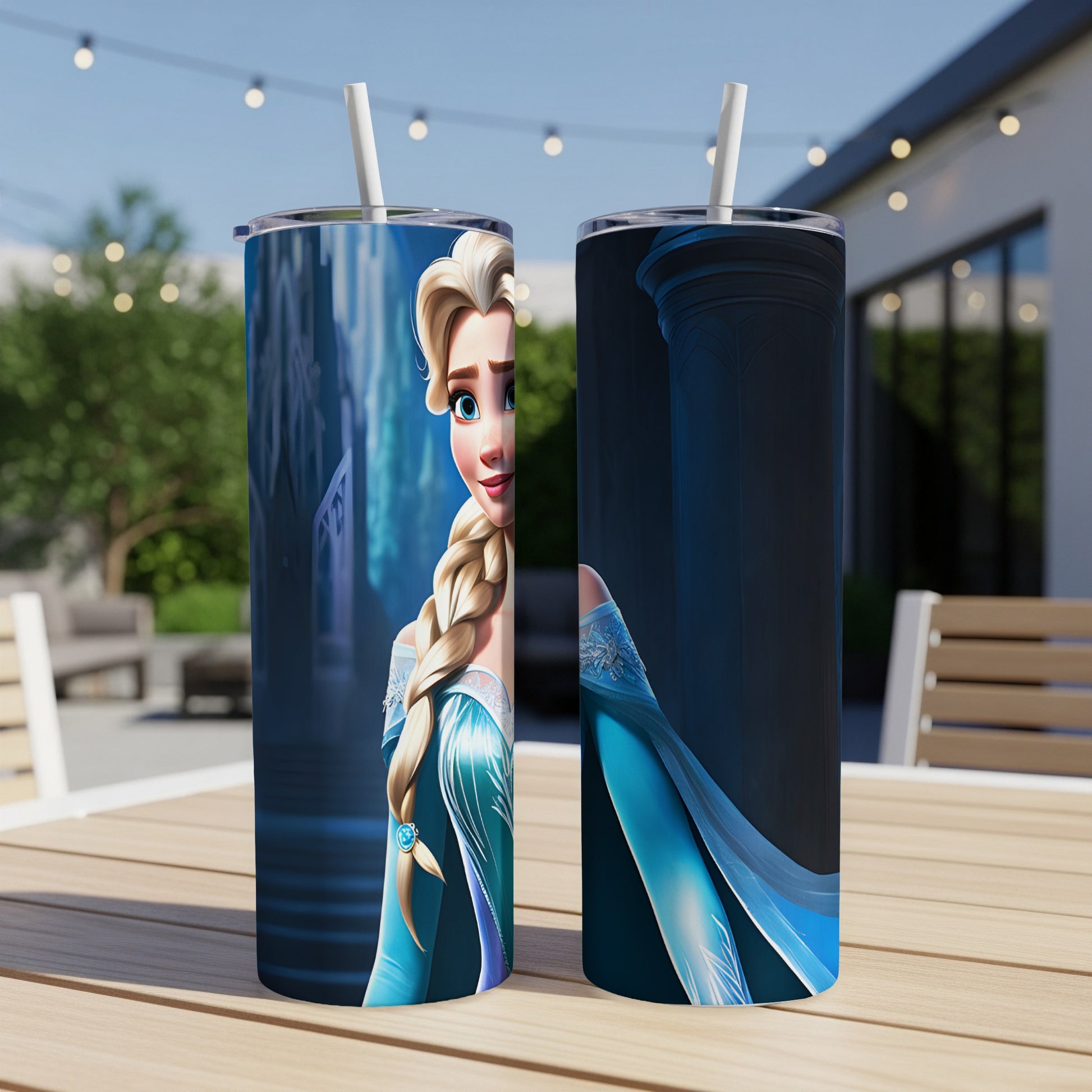 Elsa from Frozen on a blue and white tumbler with straw.