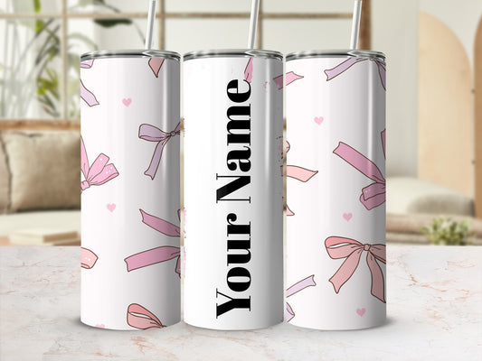 Customizable Pink Bow Pattern Tumbler with Heart Design
