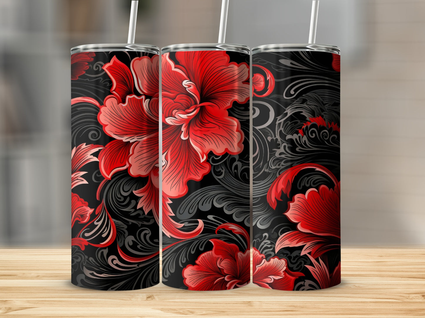 Red and Black Floral Design Insulated Tumbler