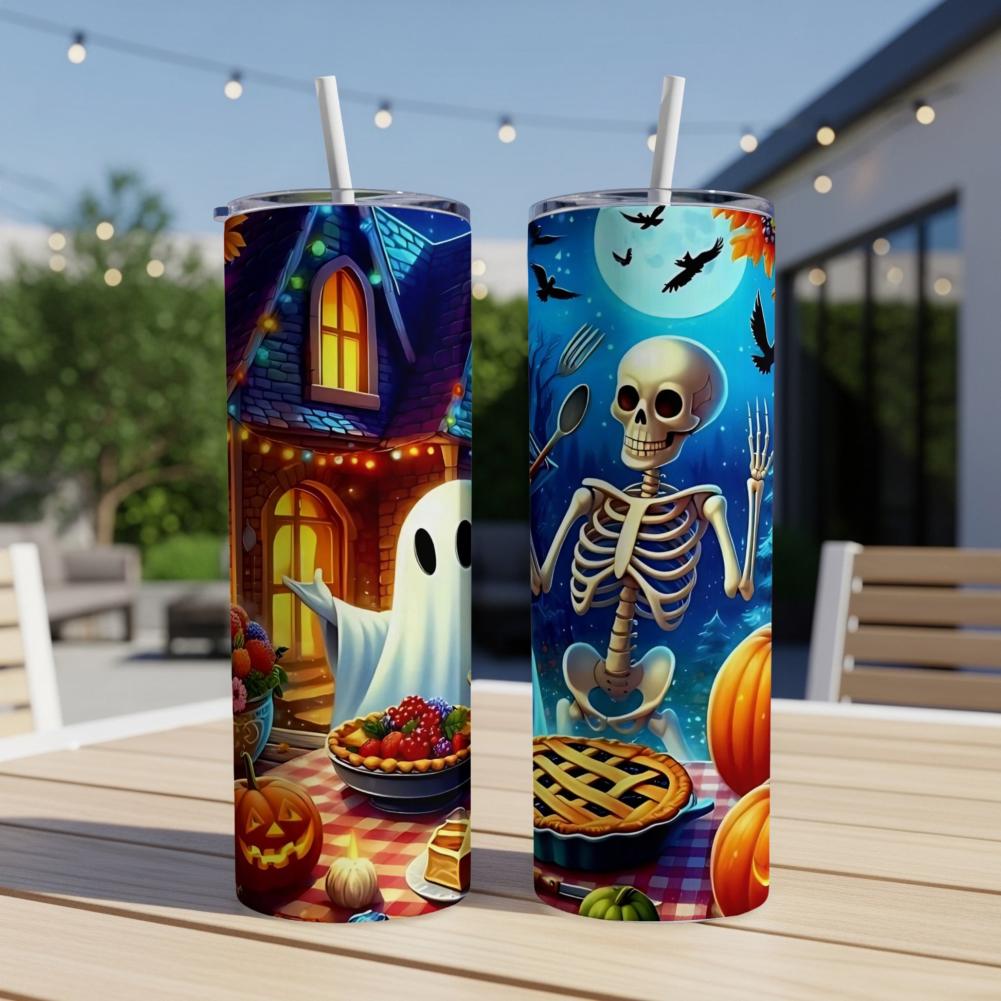 Halloween tumblers feature a ghost at a spooky house and a skeleton with pies.