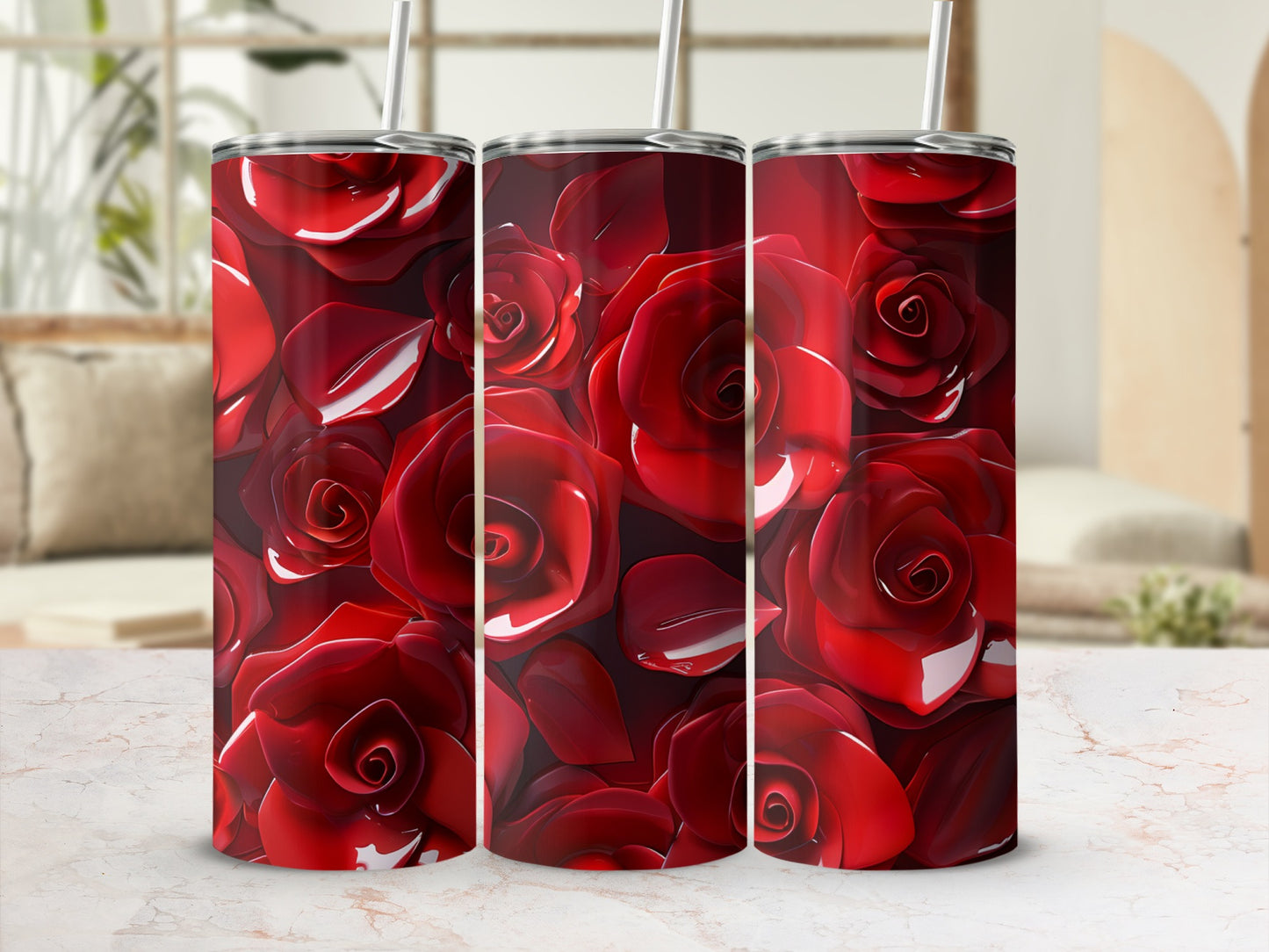 Three tumblers with a realistic red rose floral pattern.