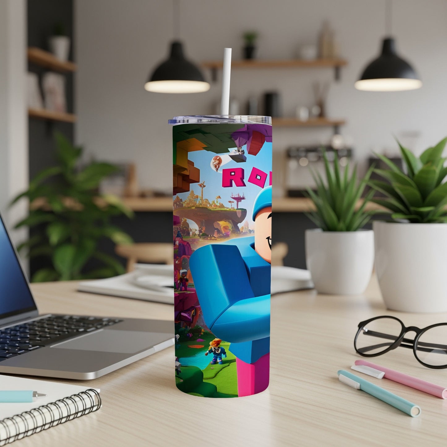 Roblox character on a colorful tumbler with a straw.