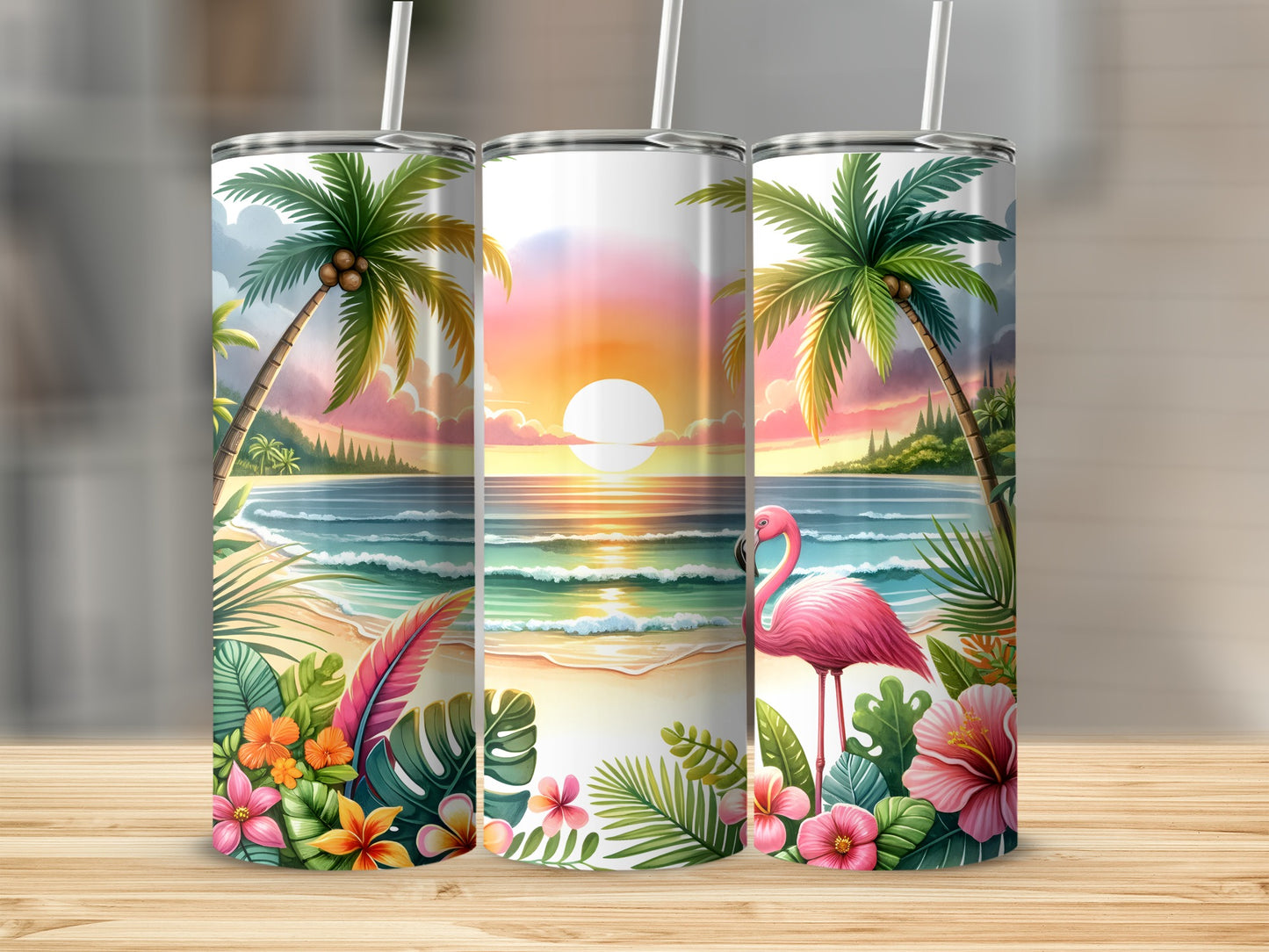 Beach scene with palm trees, flamingo, and tropical flowers on three tumblers.