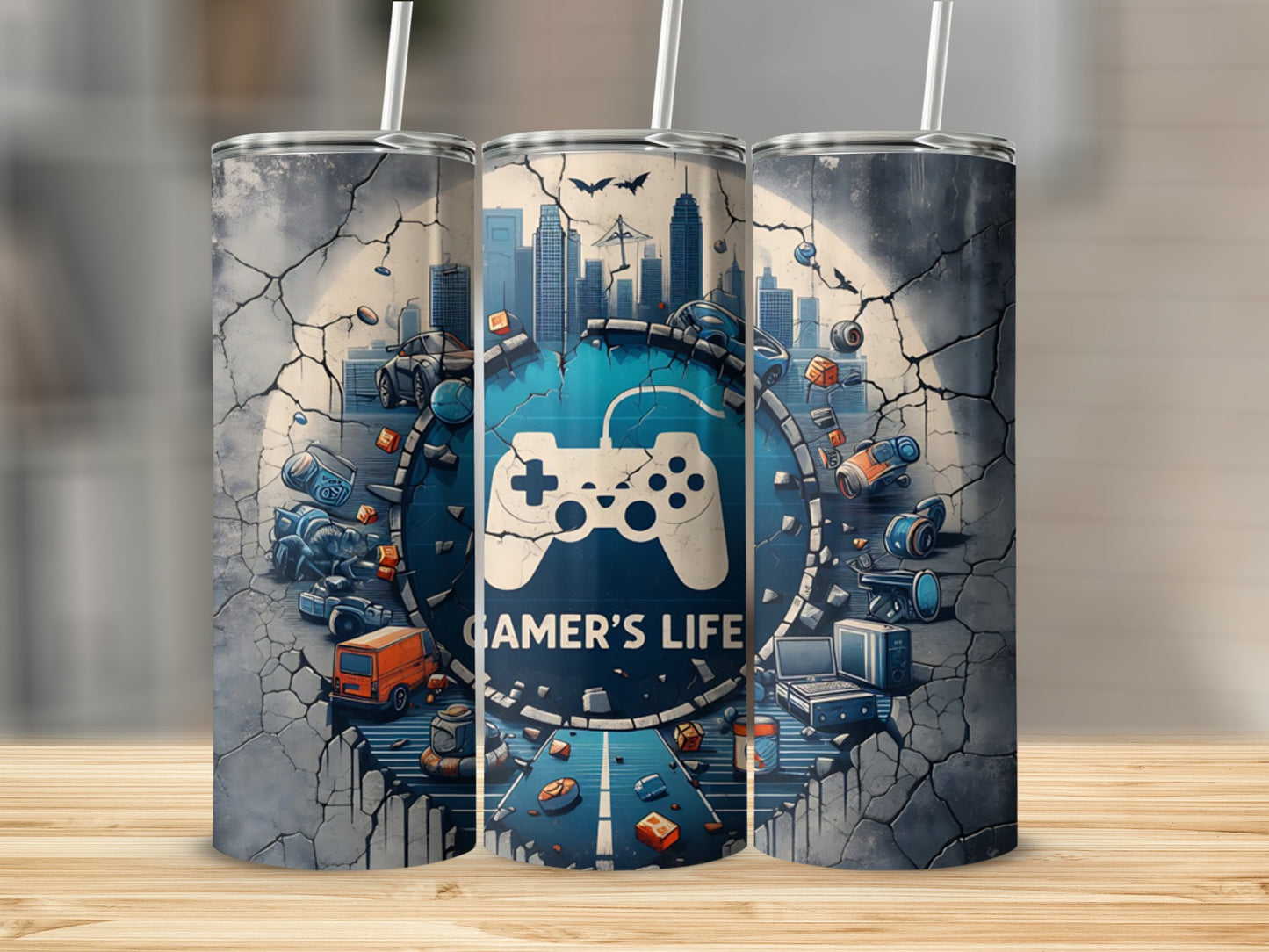 Gamer life graphic on a tumbler with controller, city, and vehicles.