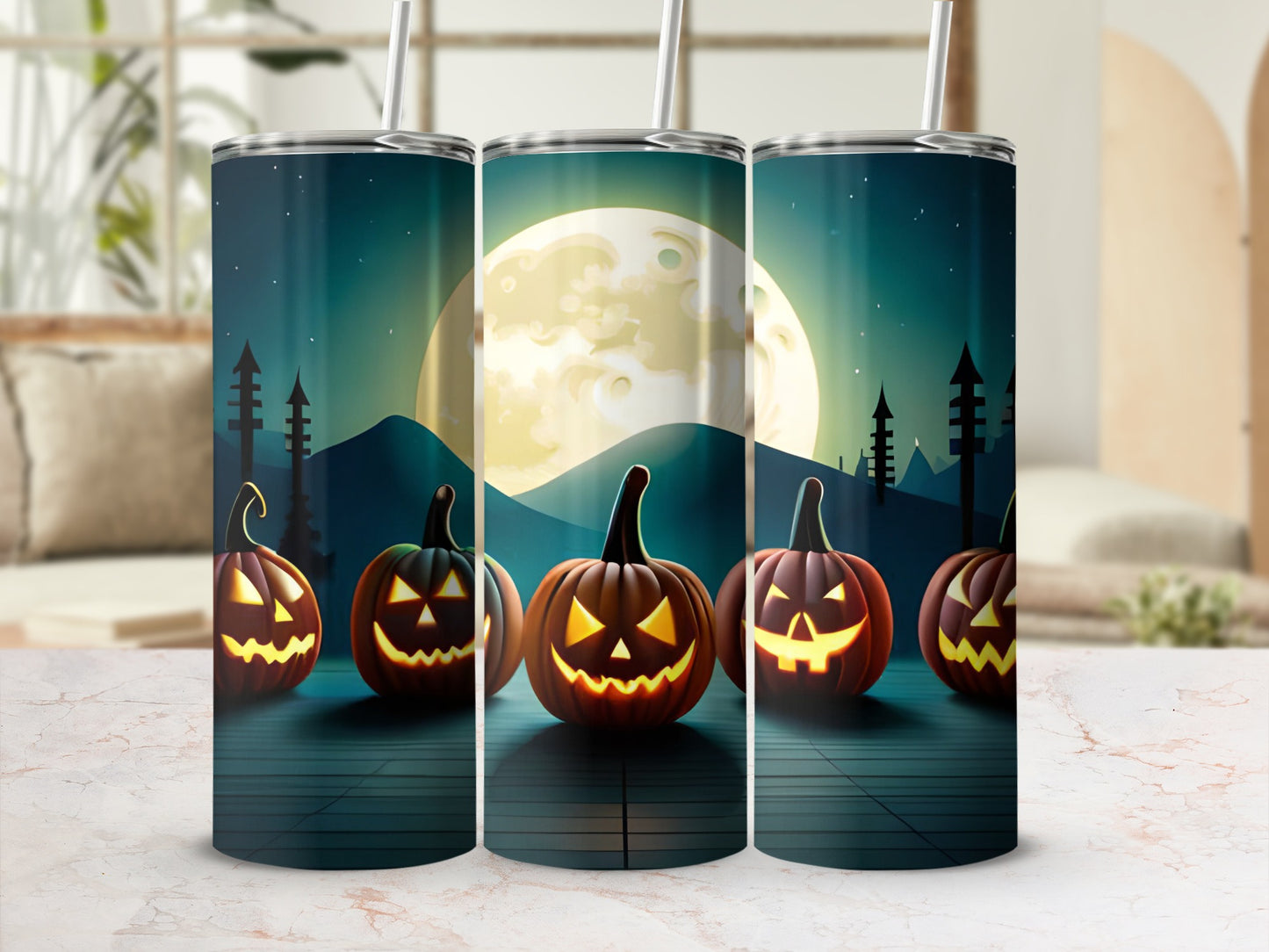 Five lit Jack-o'-lanterns on a dark wooden surface under a full moon.