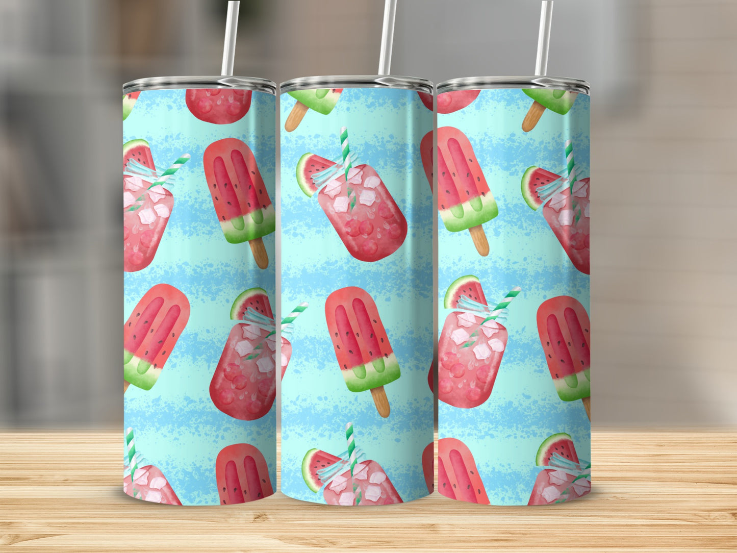 Watermelon popsicles and drinks on a light blue textured background.