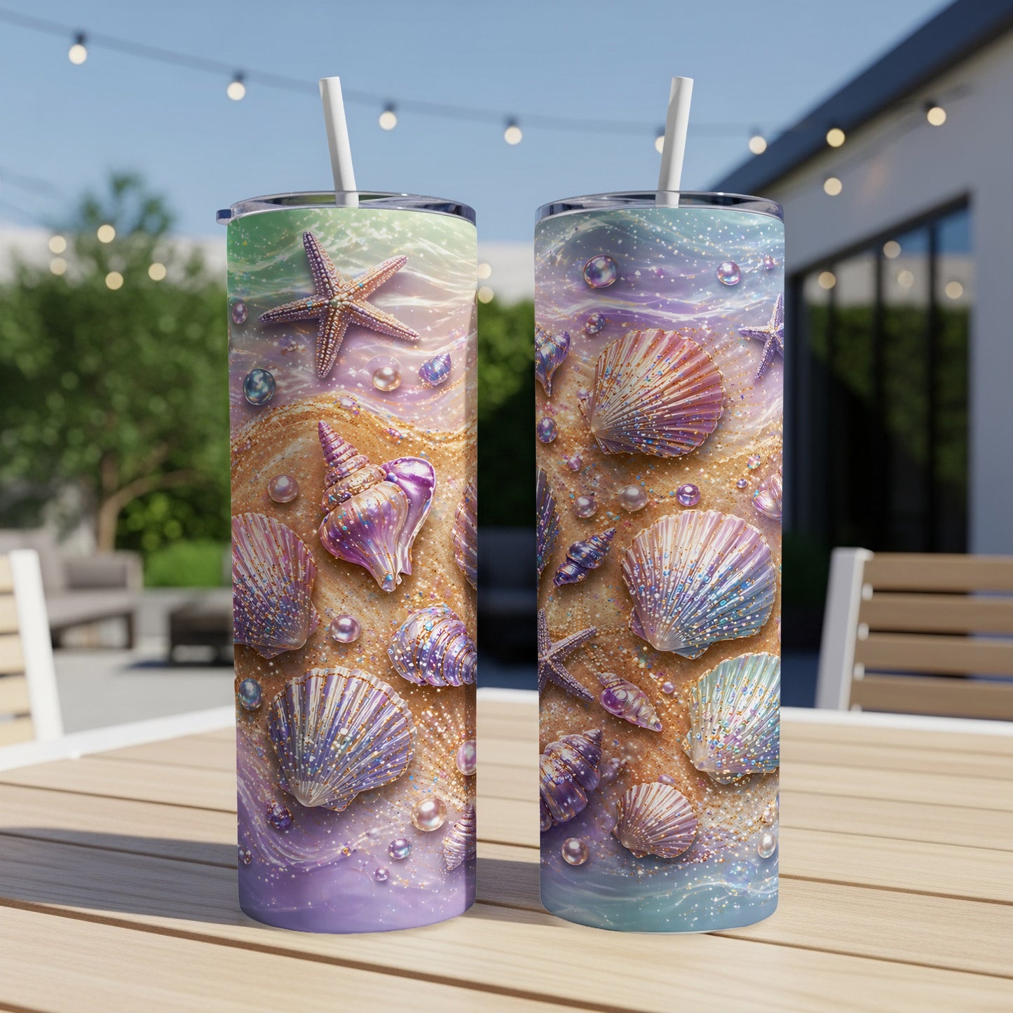Two tumblers with seashell, starfish, and glitter design on a beach background.
