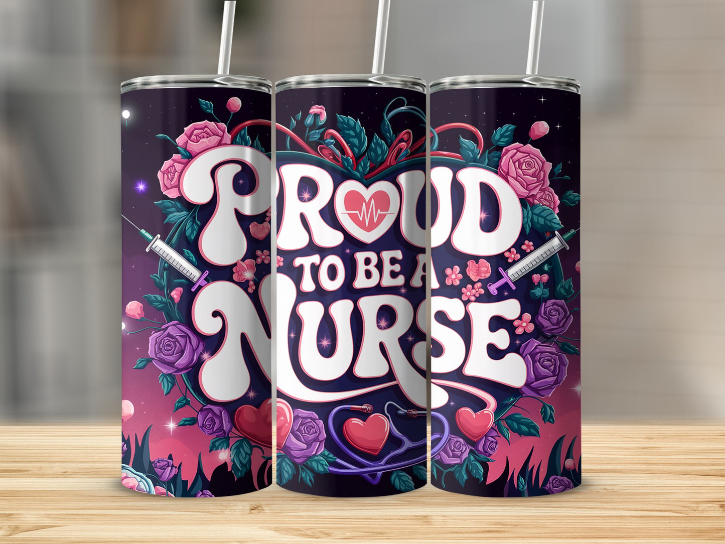 Tumbler with "Proud to be a Nurse" text, hearts, roses, and medical symbols.