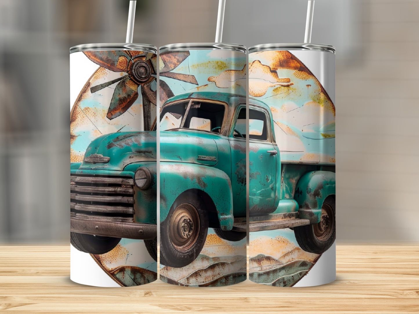 Turquoise vintage truck with windmill on a textured background.