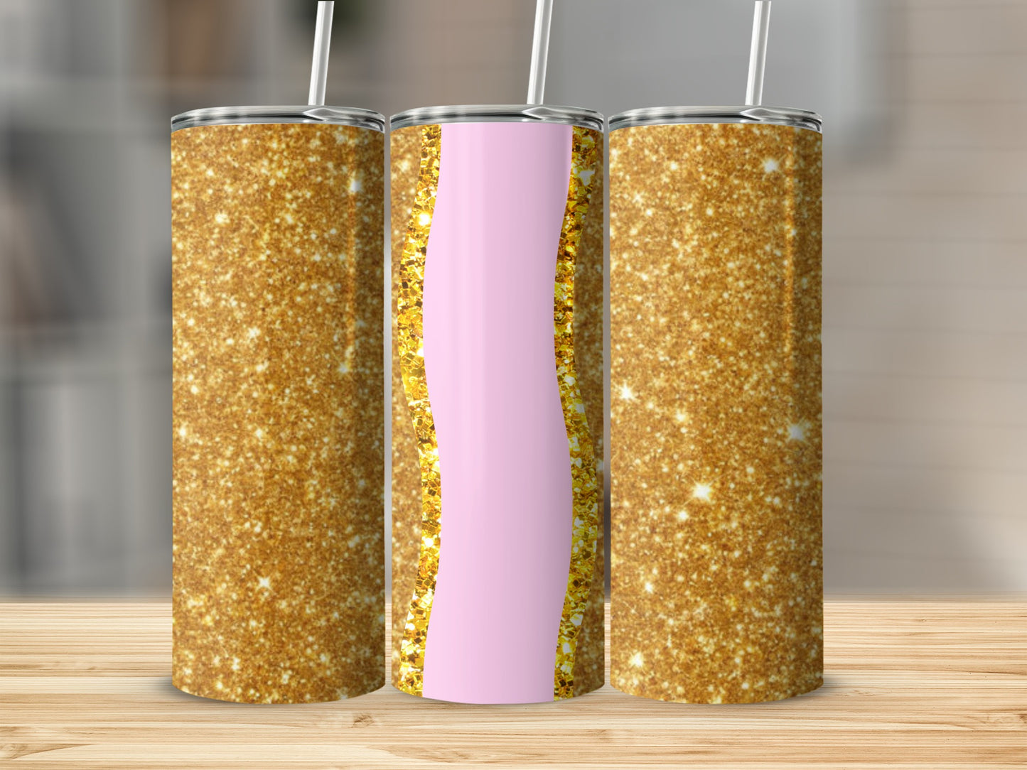 Three glitter tumblers with pink wavy band on a wooden surface.