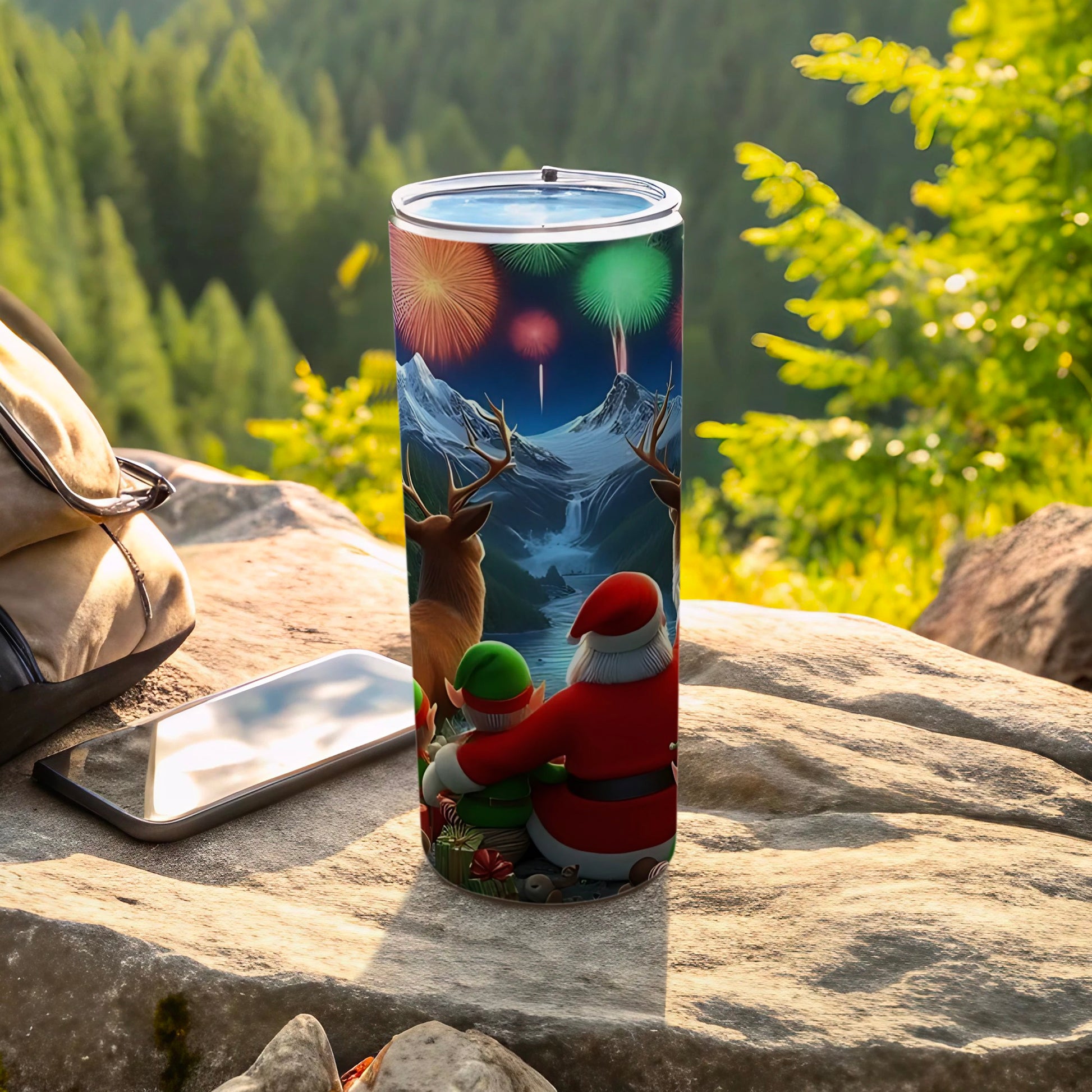 Festive Fireworks Santa and Reindeer Tall Tumbler