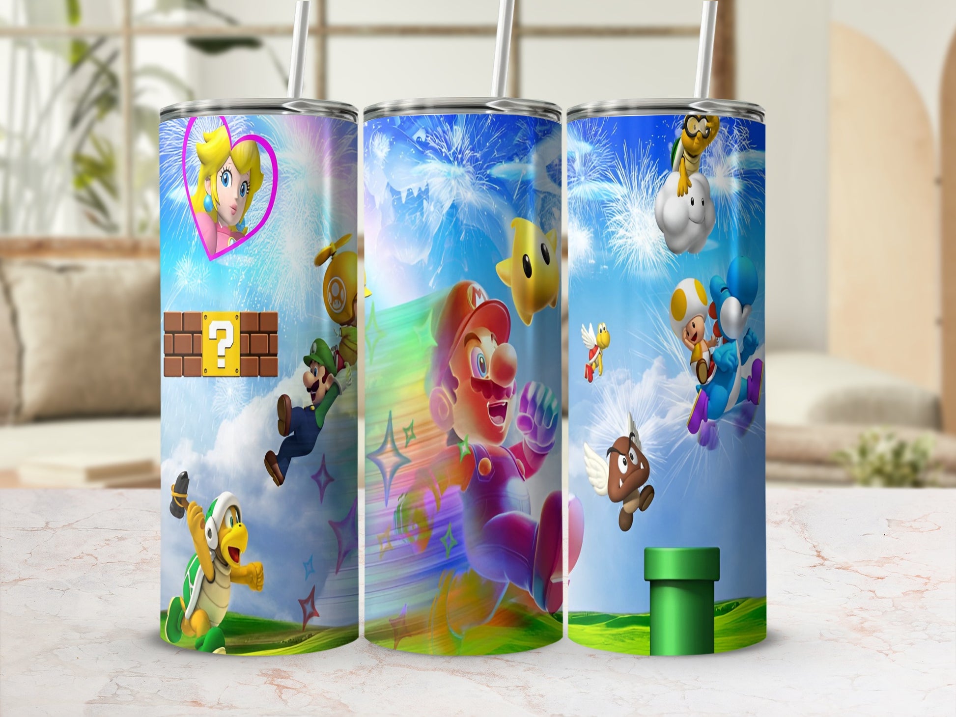 Mario, Luigi, Yoshi, and Peach with Super Mario elements on a tumbler.