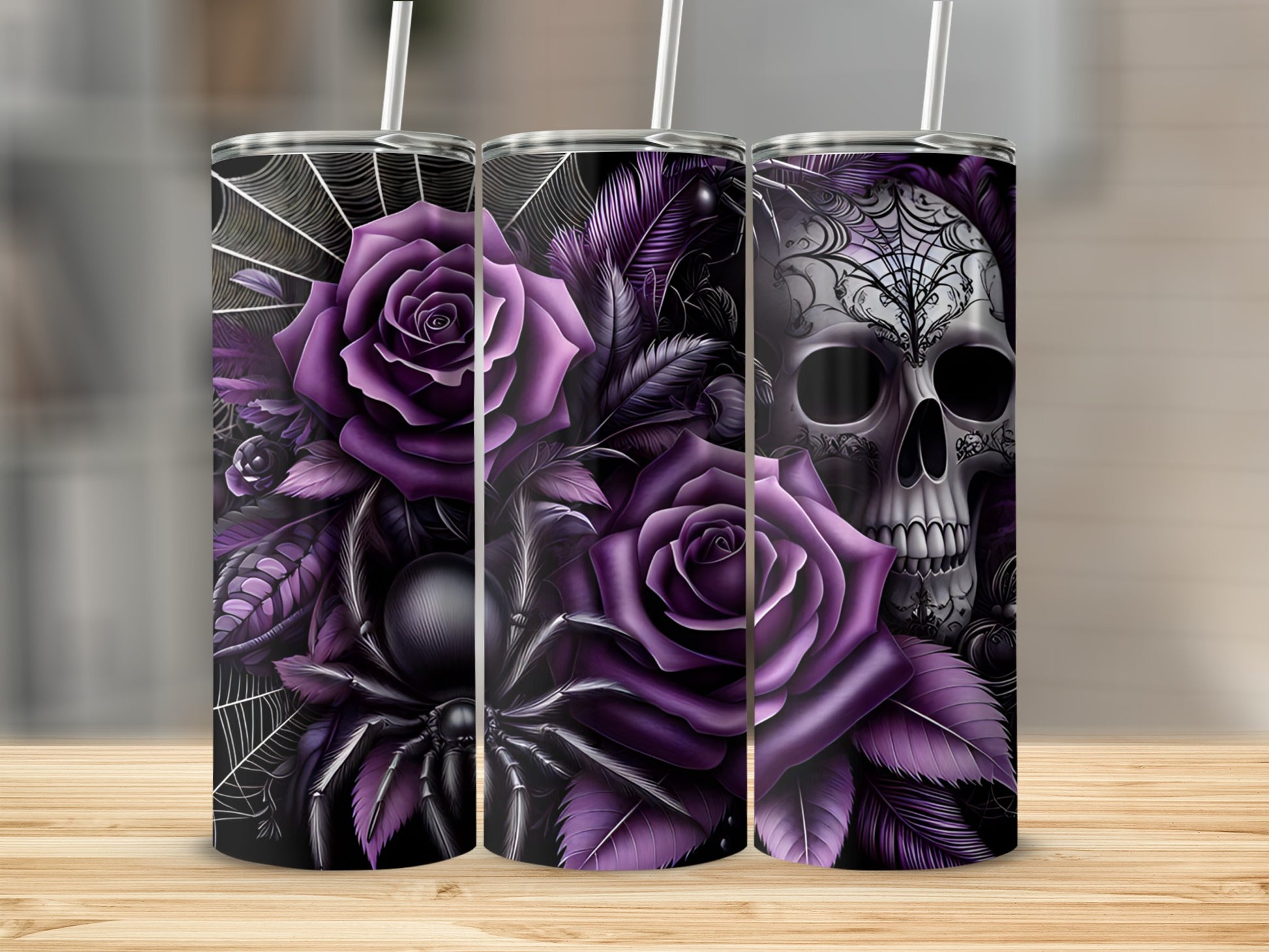 Purple roses, spider, and skull adorn a Halloween-themed tumbler.
