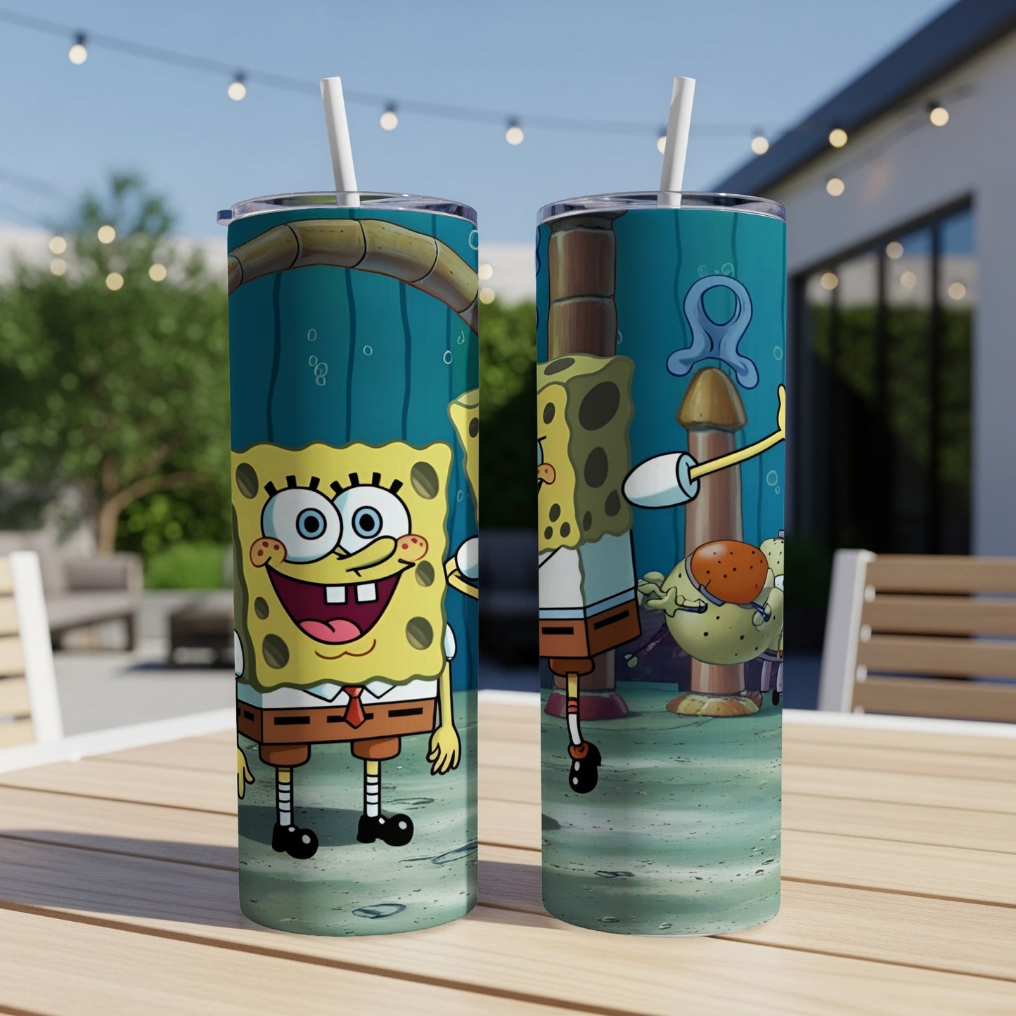 SpongeBob SquarePants characters on a blue and green patterned insulated tumbler.
