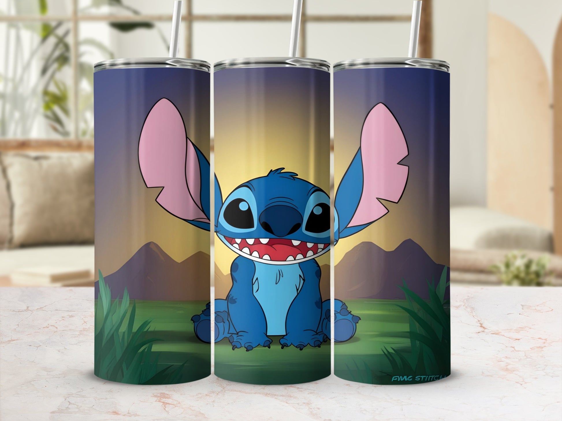 Stitch character on a blue tumbler with grass and sunset background.