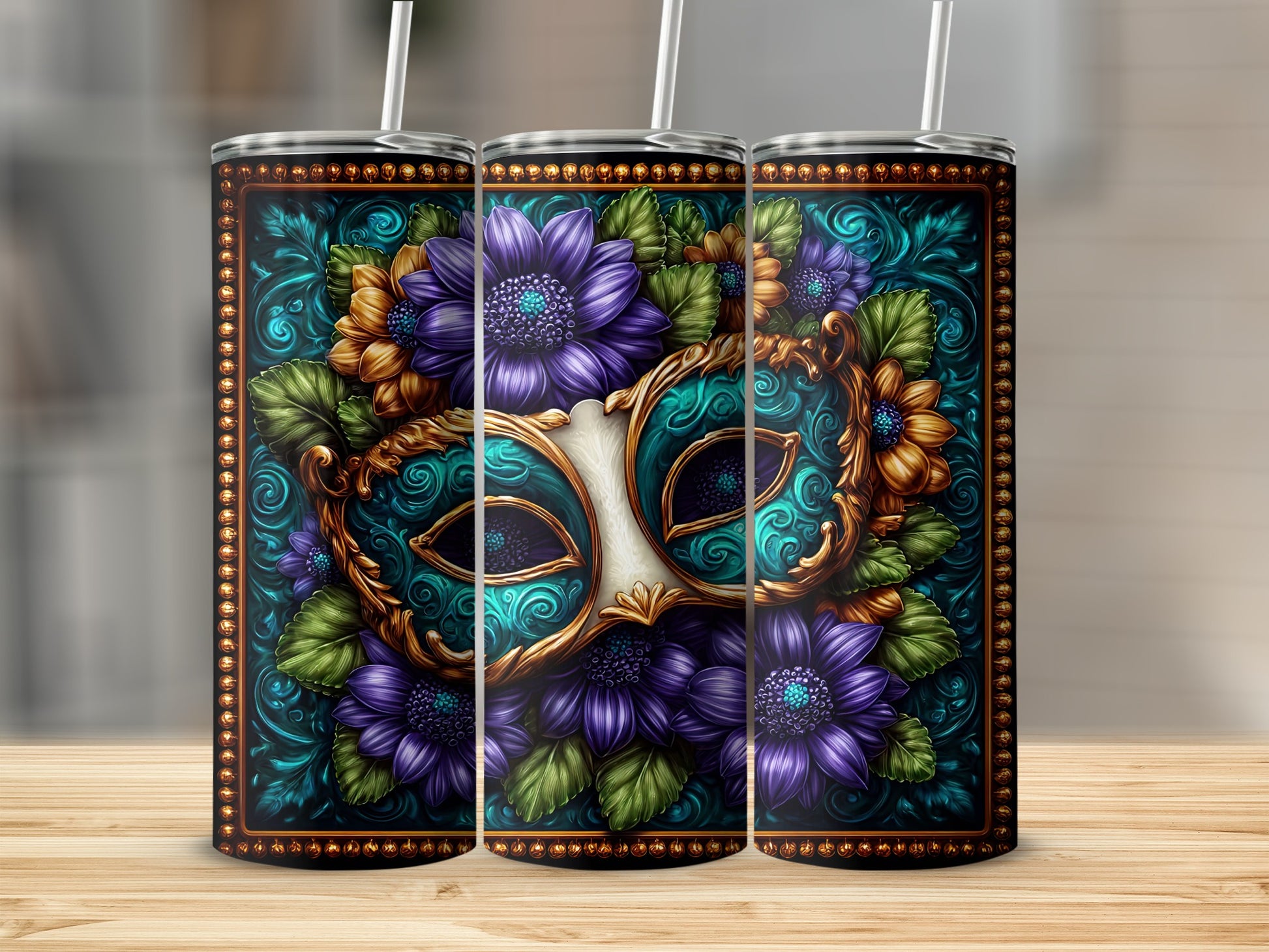 Colorful Floral Mask Design Tumbler Product