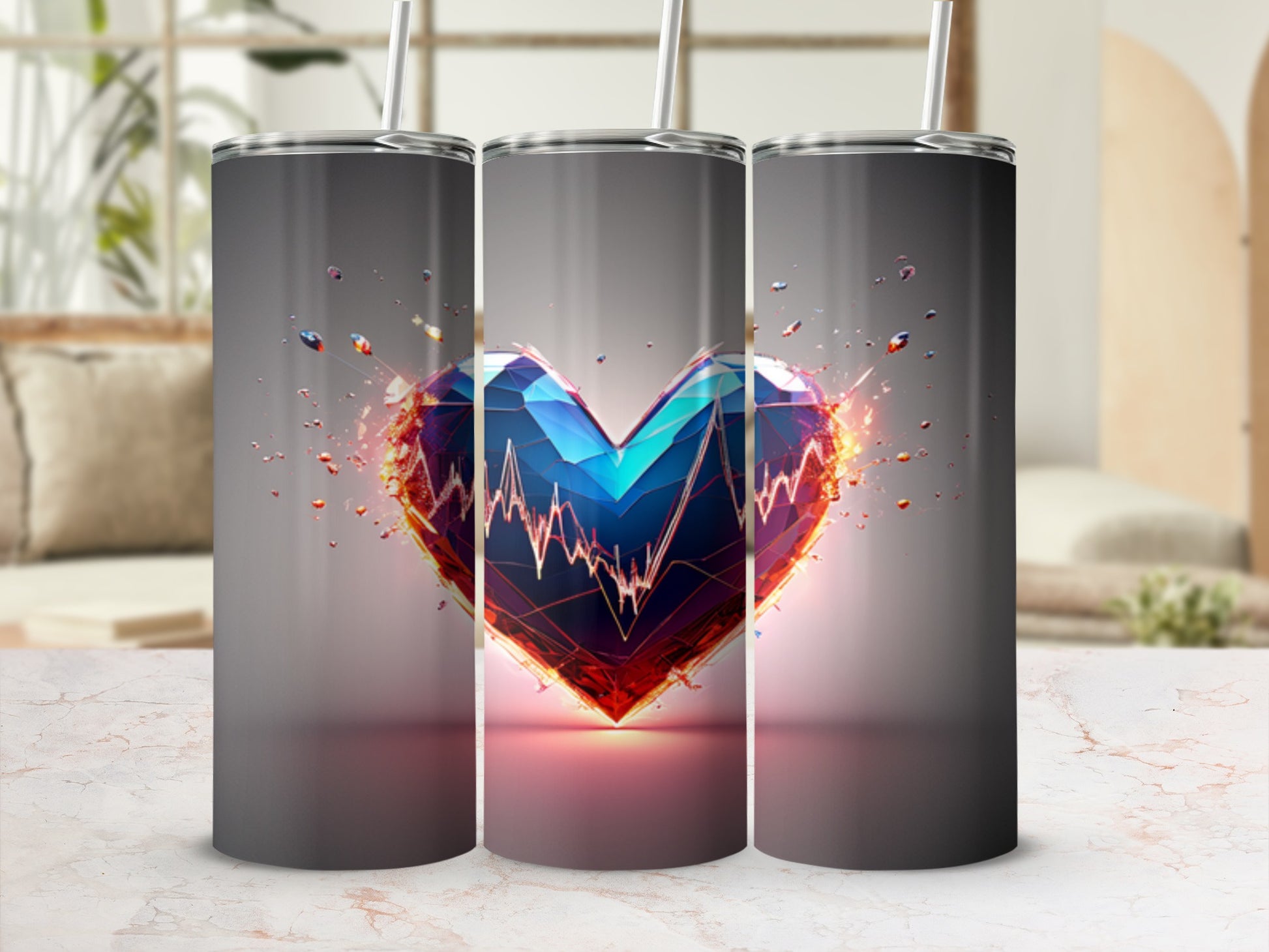 3D heart with a cardiogram overlay on a gray tumbler.