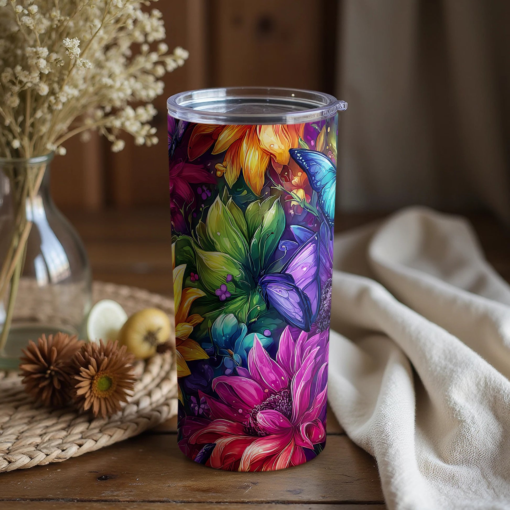 Colorful Floral Butterfly Tumbler Vibrant Drinkware Design