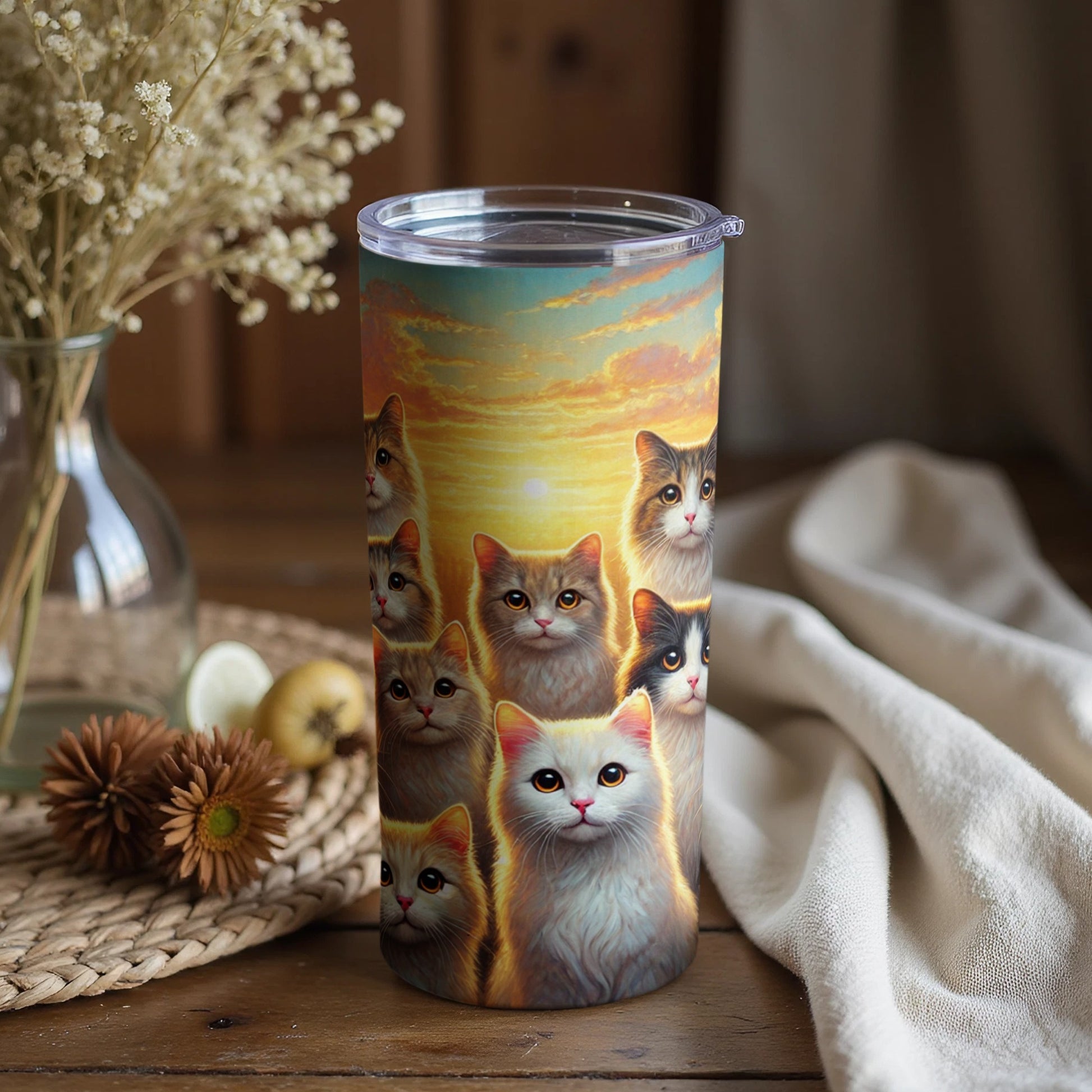 Adorable Cat Faces Sunset Scene Insulated Tumbler Cup