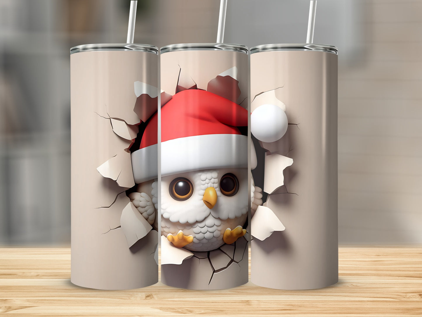 Cute owl in Santa hat peeking through torn paper on a tumbler.